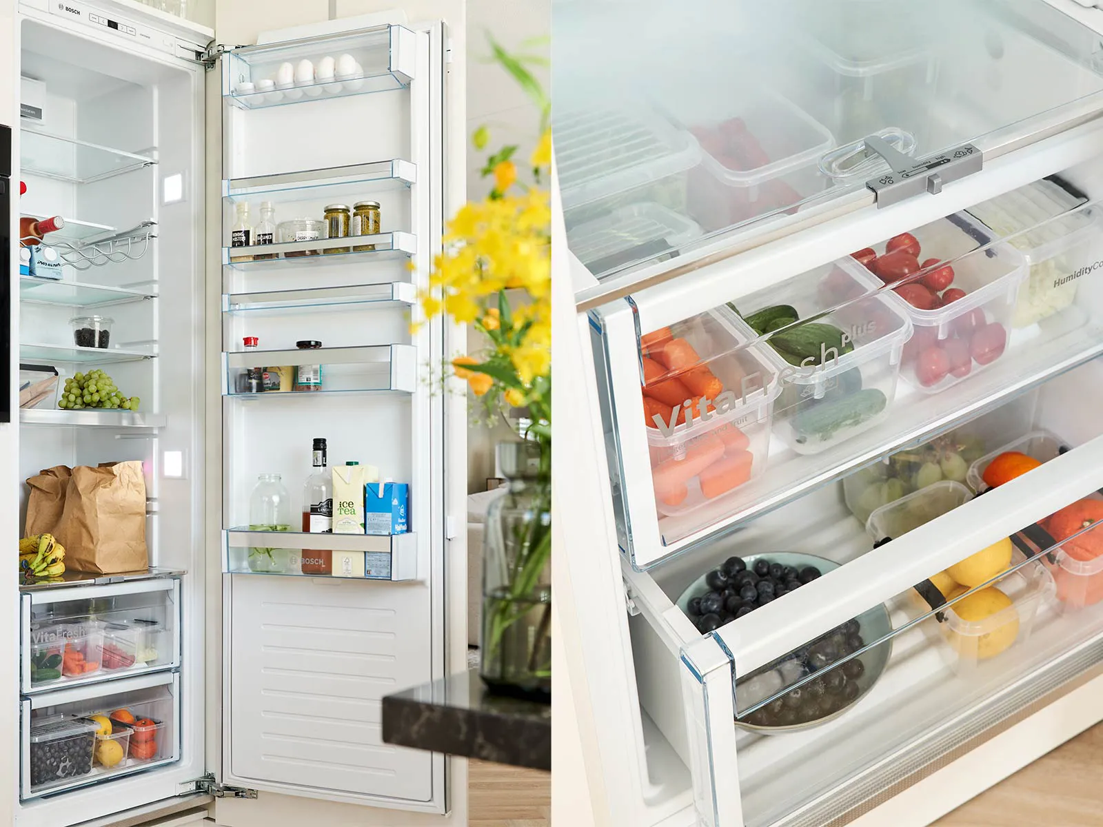 Ouvrir le réfrigérateur avec divers aliments, y compris les fruits, les légumes et d'autres aliments.