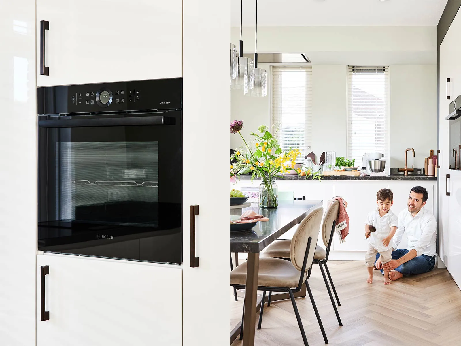 Cuisine moderne avec électroménagers, coin repas et détente familiale.