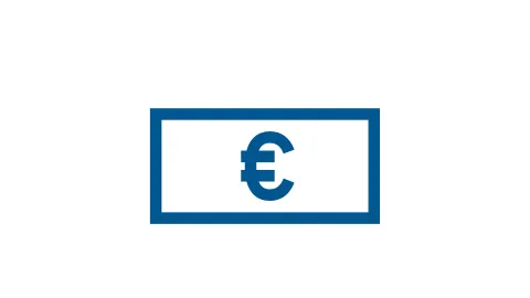 Blaues Euro Währungssymbol in einem rechteckigen Rahmen.