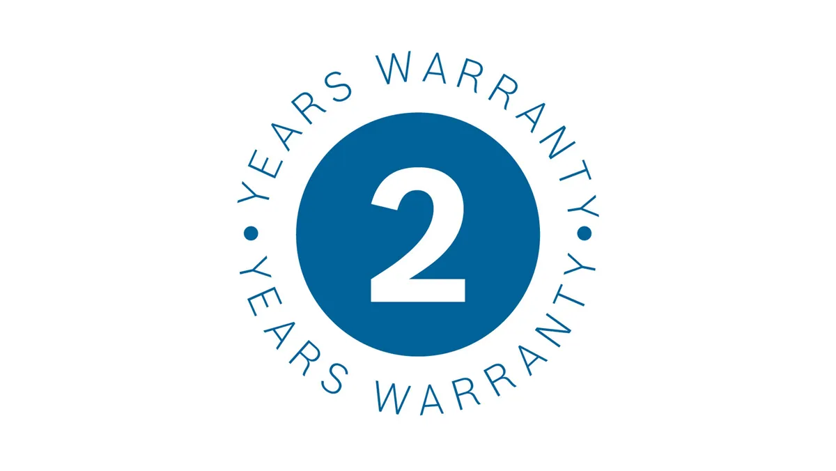 2-year warranty logo with blue circle and white text.