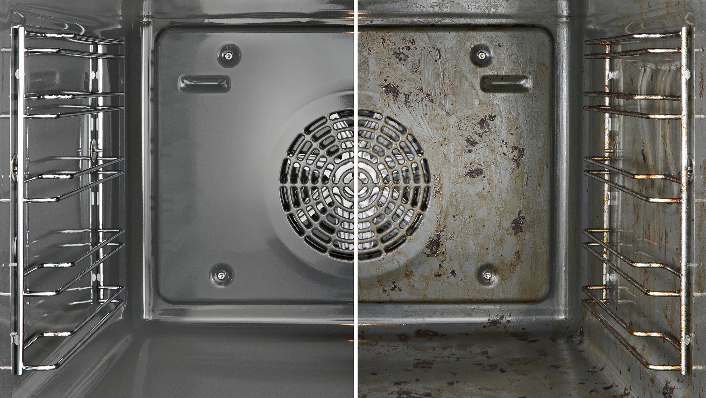 Dirty oven interior with fan and shelves, in need of cleaning.