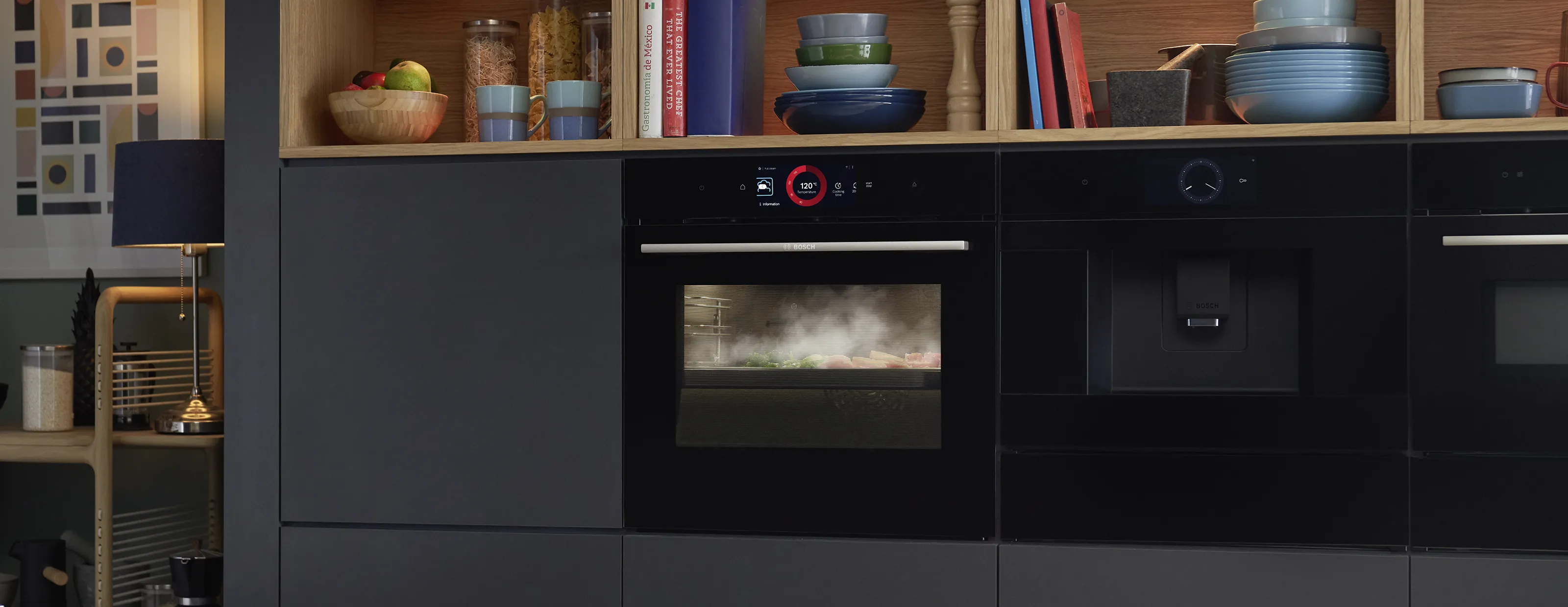 Modern kitchen with black appliances, open shelving, and various kitchen items.