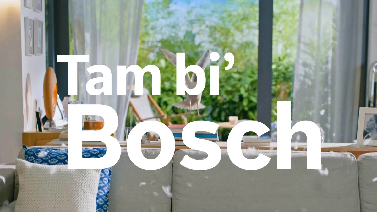 Büyük pencereyi lush yeşilliği göz ardı eden Cozy live room, text "Tambi Bosch" belirgin bir şekilde gösteriliyor.