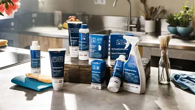 alt-A selection of  cleaning products on a kitchen counter, including sprays and powders for various surfaces, with a blue cloth beside them.