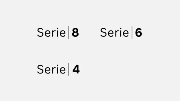 Testo grafico che mostra "Serie 8," "Serie 6," e "Serie 4," disposti in un layout a tre righe su uno sfondo chiaro.