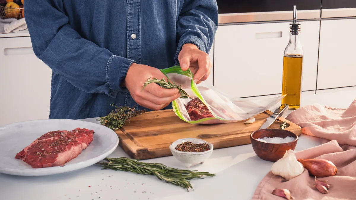 Una persona in camicia blu prepara la carne con erbe e spezie su un piano di lavoro della cucina, accanto all'olio d'oliva e aglio fresco.