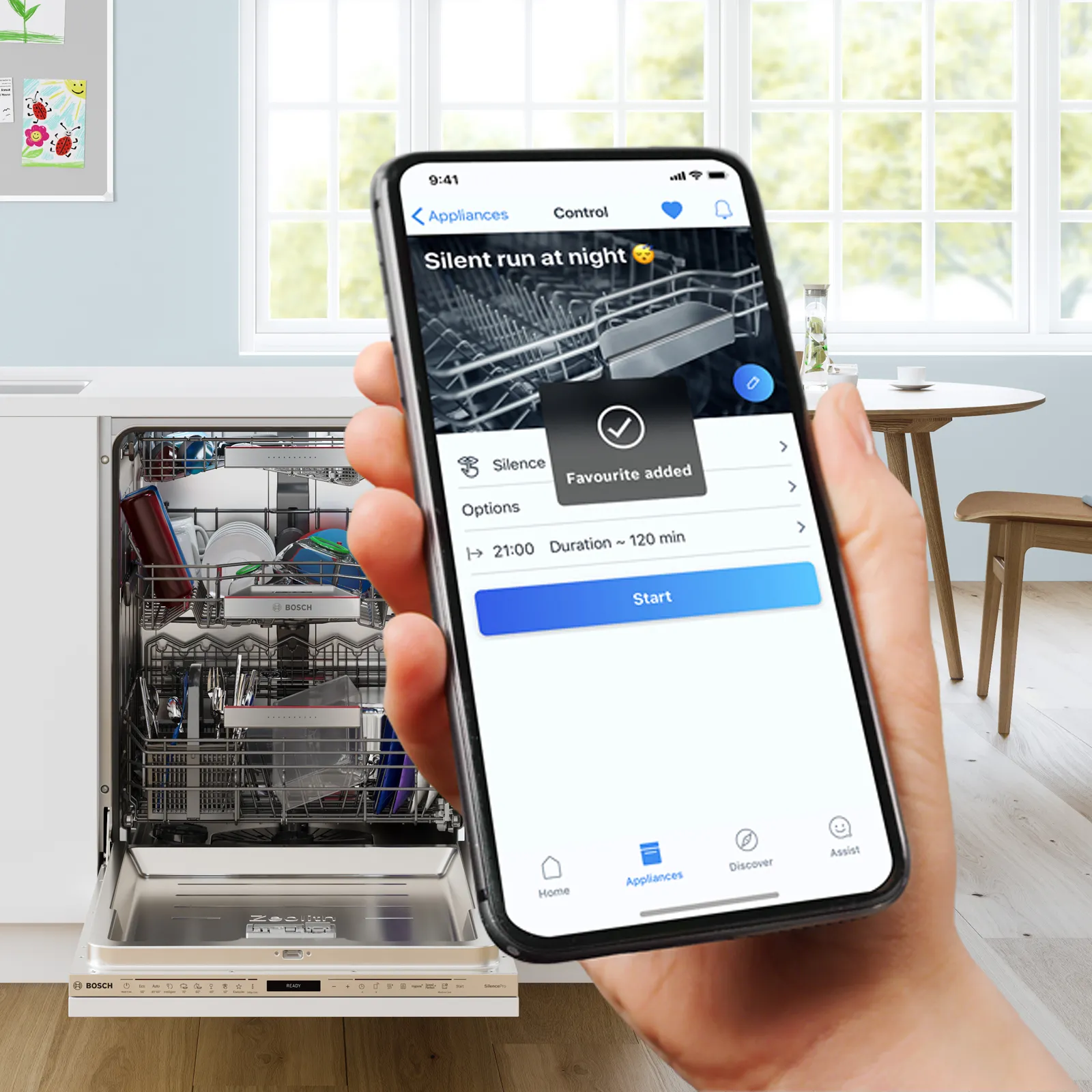 alt-Безшумна функция на съдомиялна машина, управлявана от смартфон.