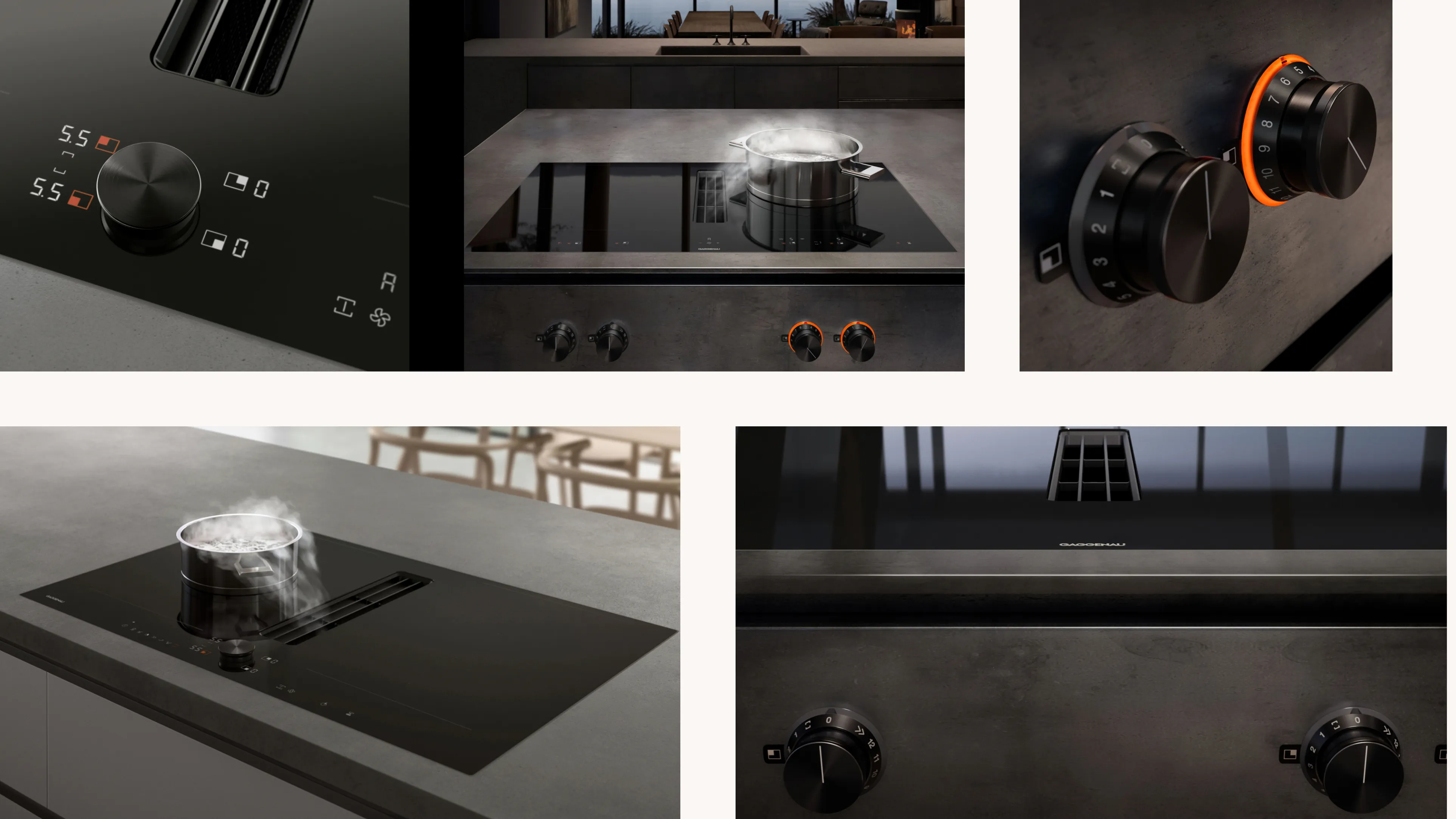 A collage containing Gaggenau induction cooktops with integrated downdraft ventilation