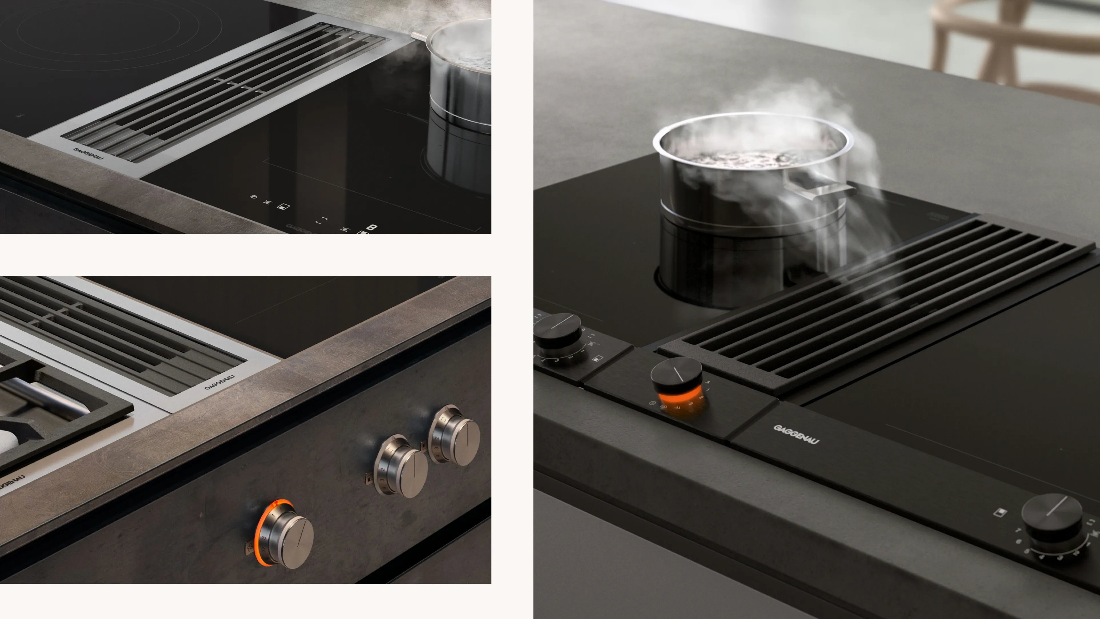 A collage containing Gaggenau downdraft ventilation appliances