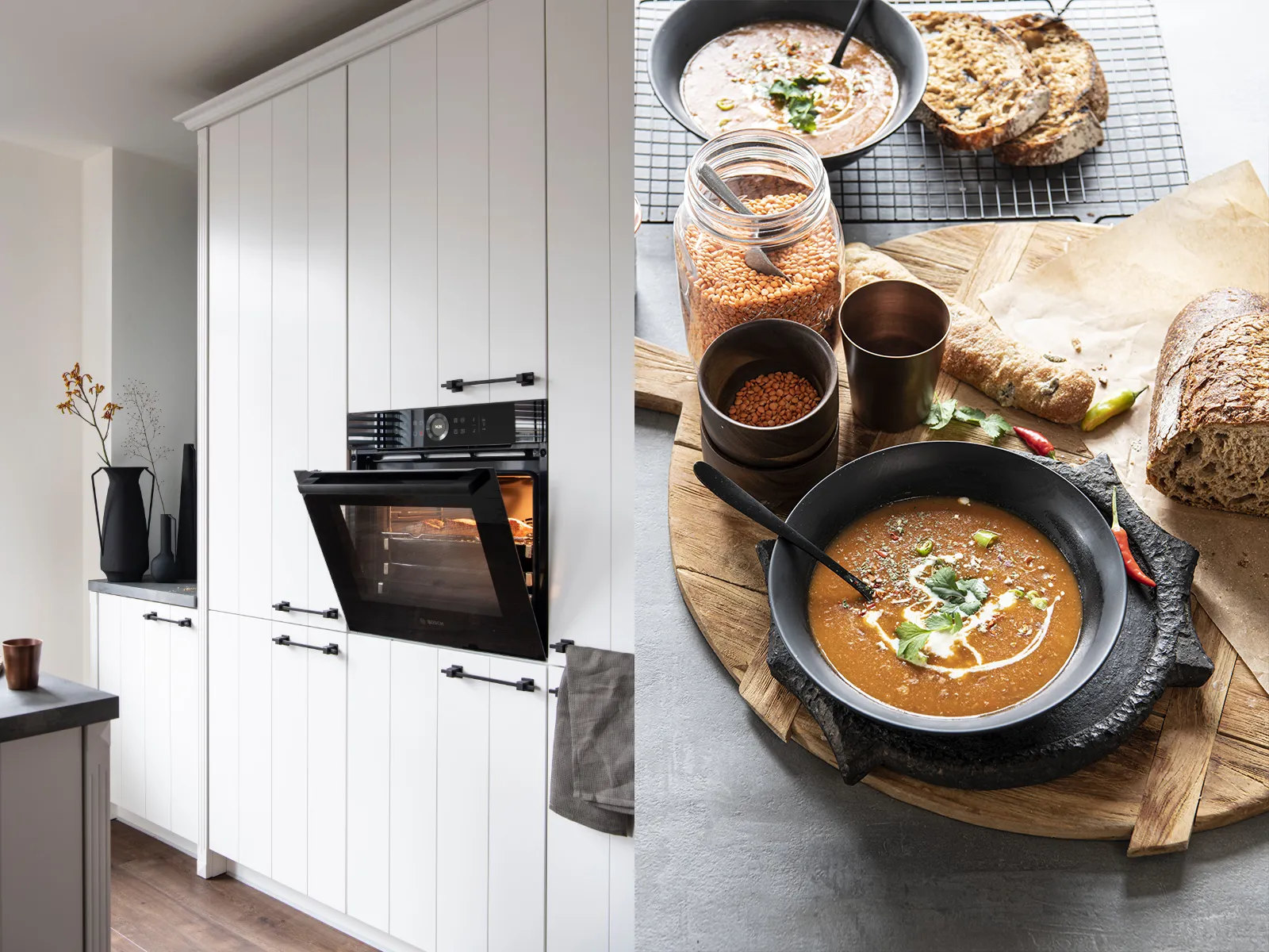 Scène de cuisine confortable avec soupe maison, pain et ingrédients de cuisson sur la planche en bois.