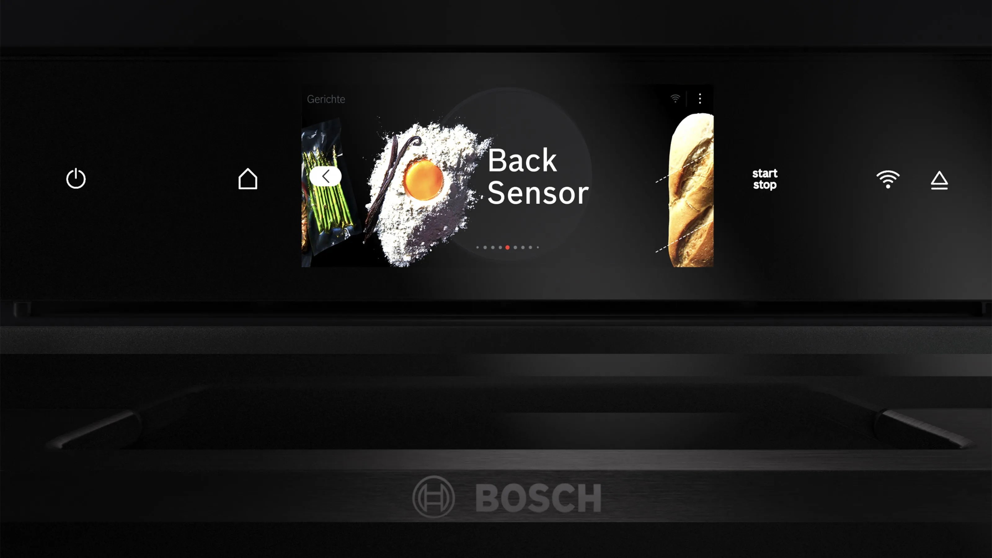 Η οθόνη του φούρνου Bosch δείχνει "Back Sensor" χαρακτηριστικό με εικόνες τροφίμων.