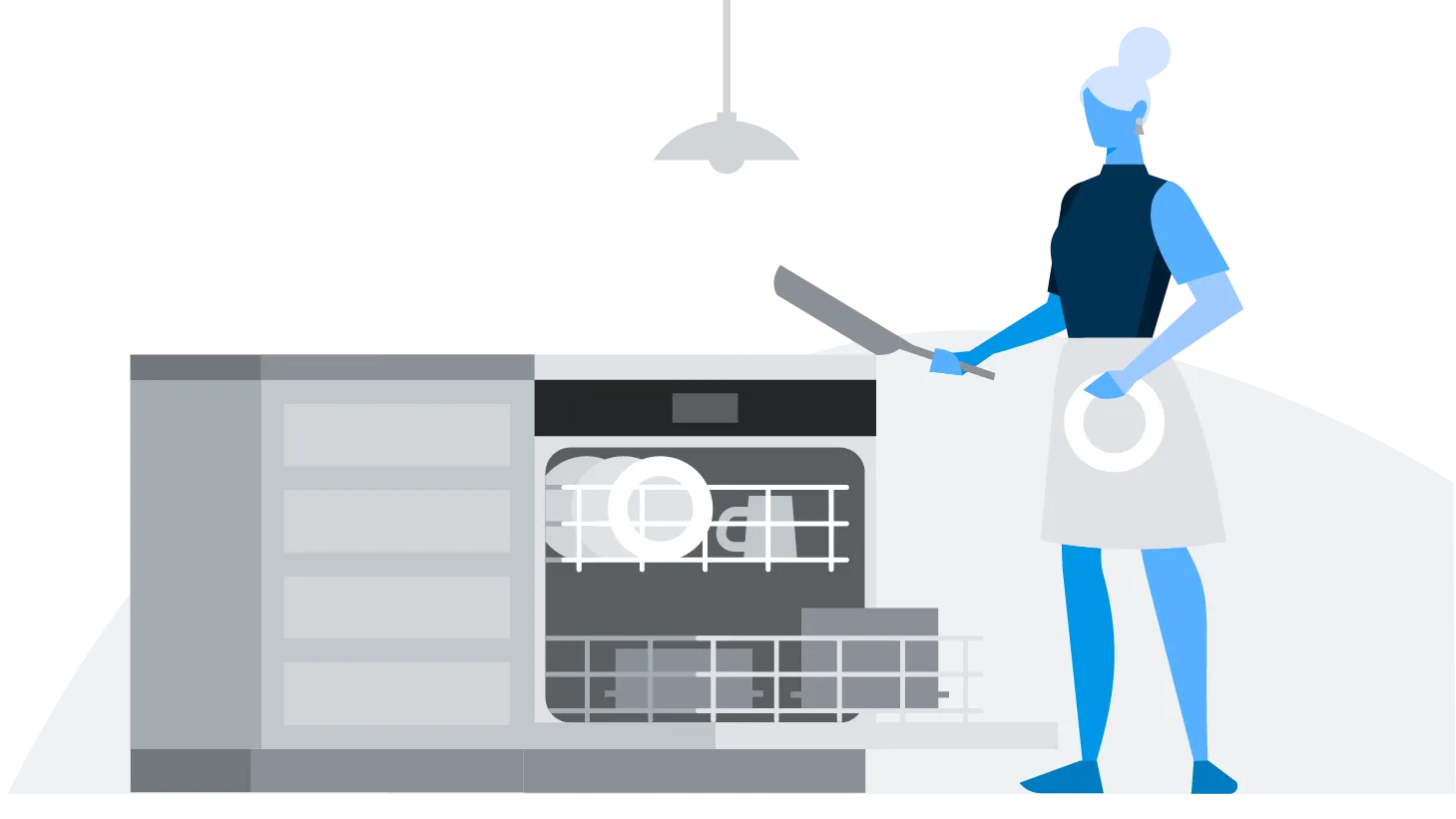 Simplified illustration of an open dishwasher with plates on the top rack and larger cookware on the bottom rack, and a stylized blue person standing to the right holding a plate and spatula as if about to load it.