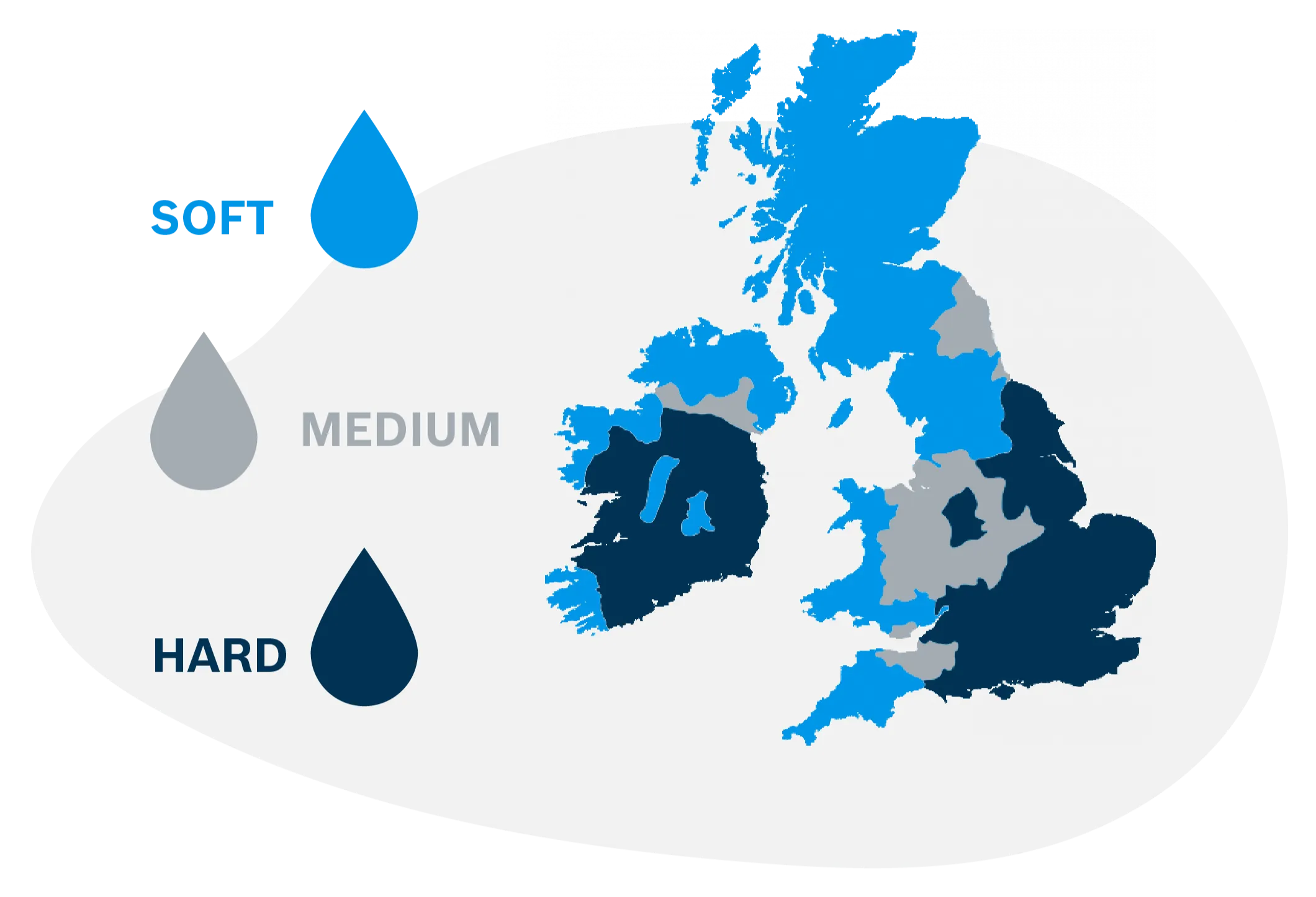 Approximate map of UK water hardness levels