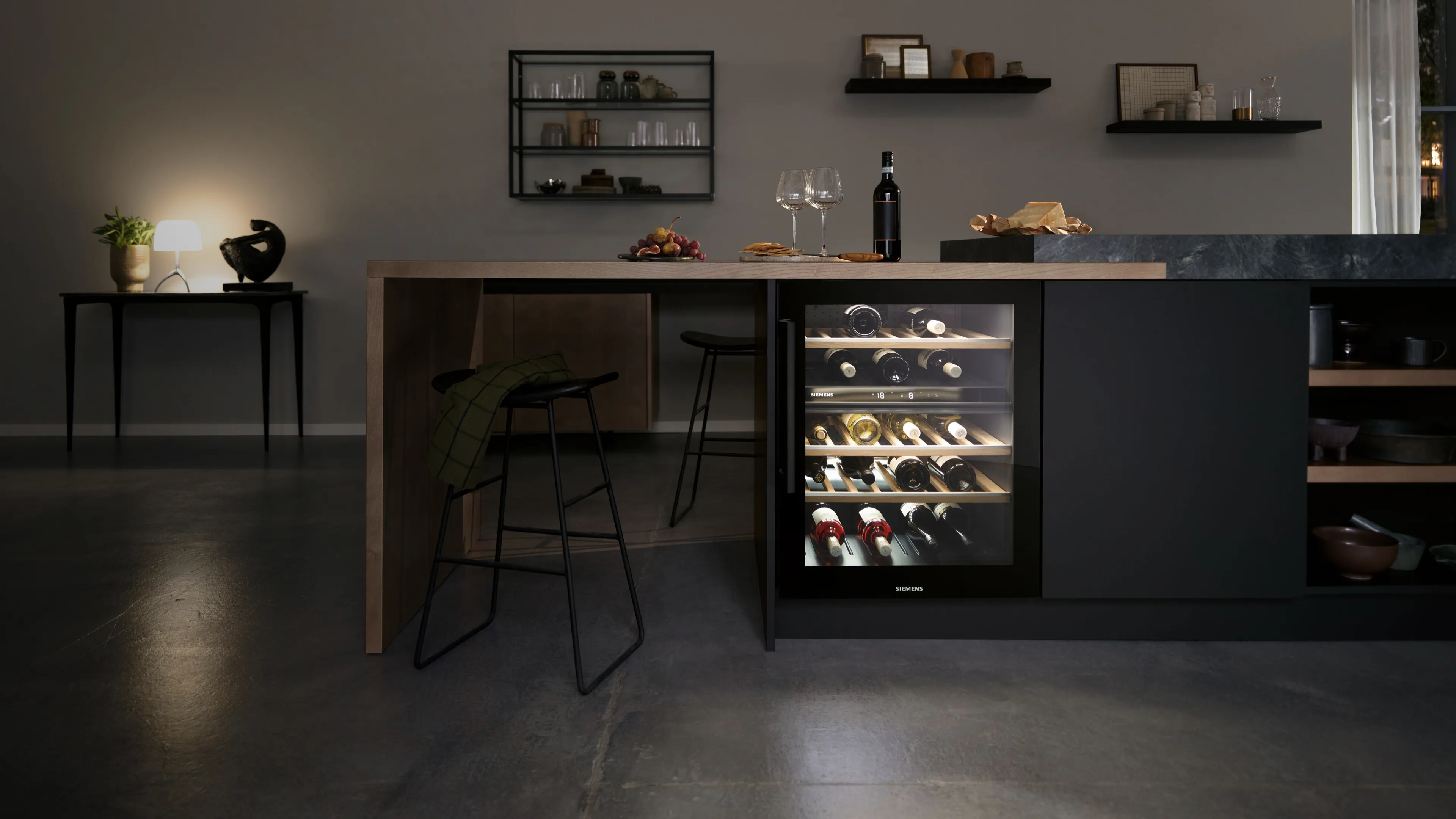Wine cooler lit up under counter