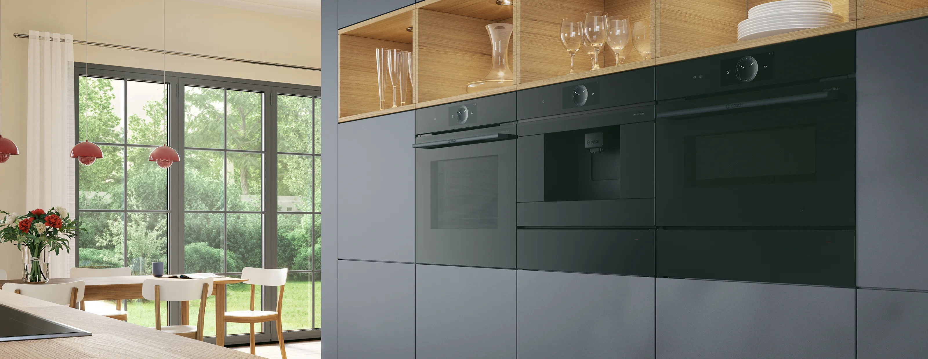 Moderna kuhinja z vgradnimi pečicami Bosch accent line