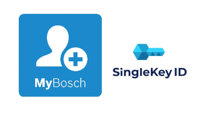 Logos von SingleKey ID (blauer Schlüssel) und My Siemens (Person) auf türkisfarbenem Hintergrund.