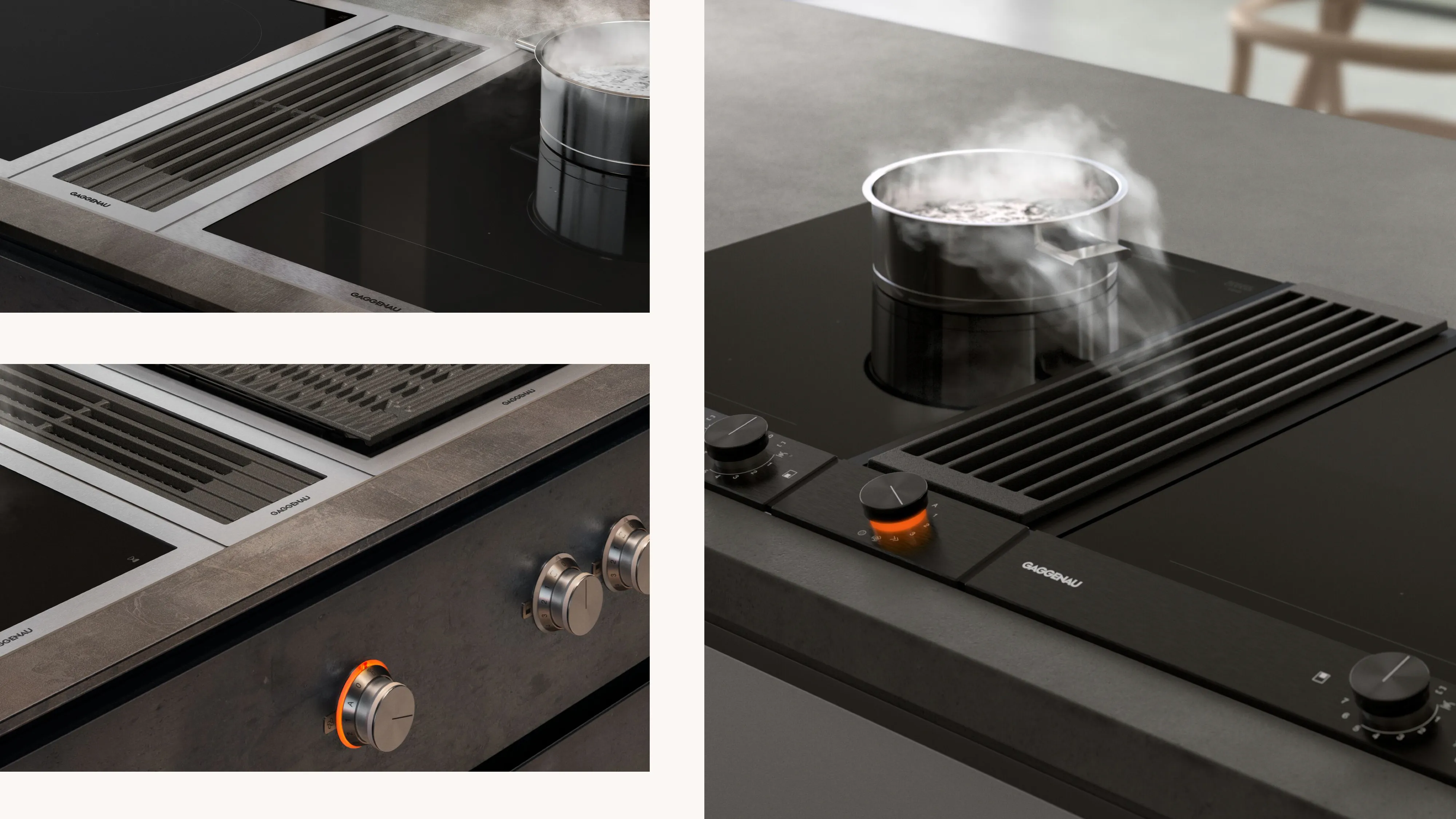 A collage containing Gaggenau downdraft ventilation appliances