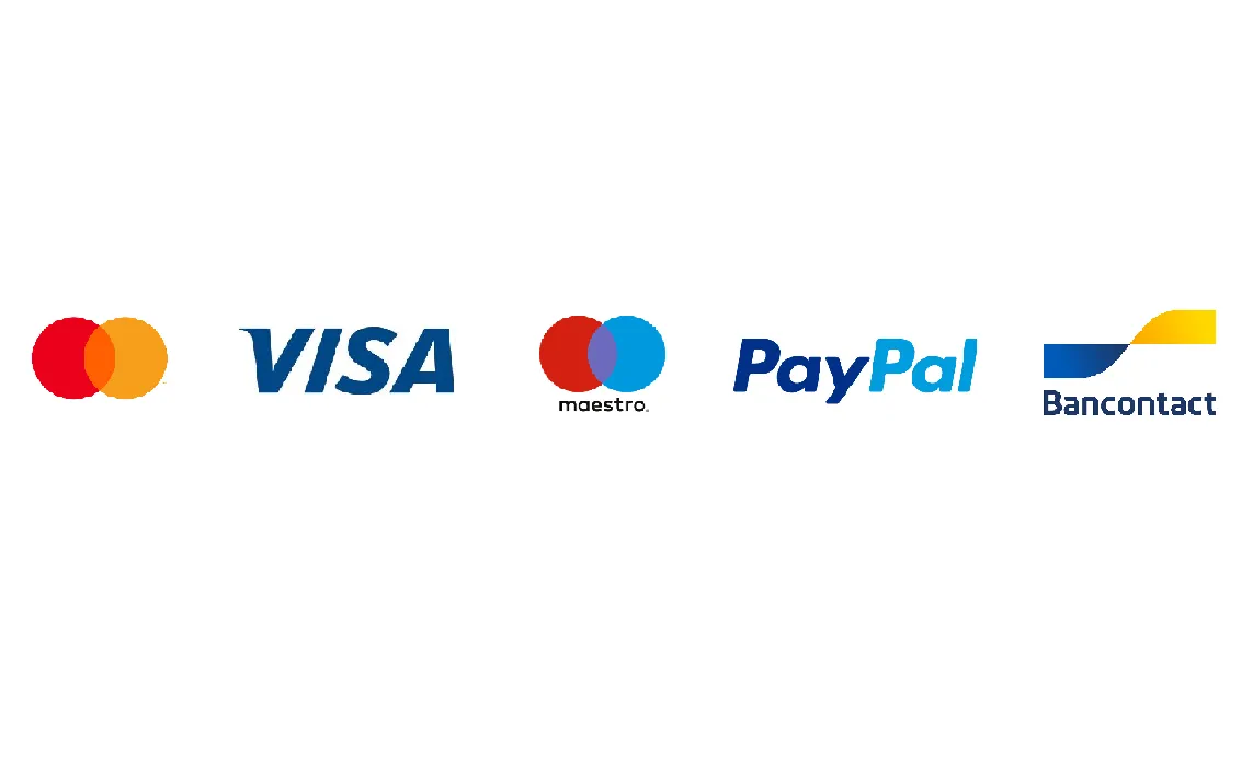 Logos des moyens de paiement : Mastercard, Visa, PayPal, Bancontact.