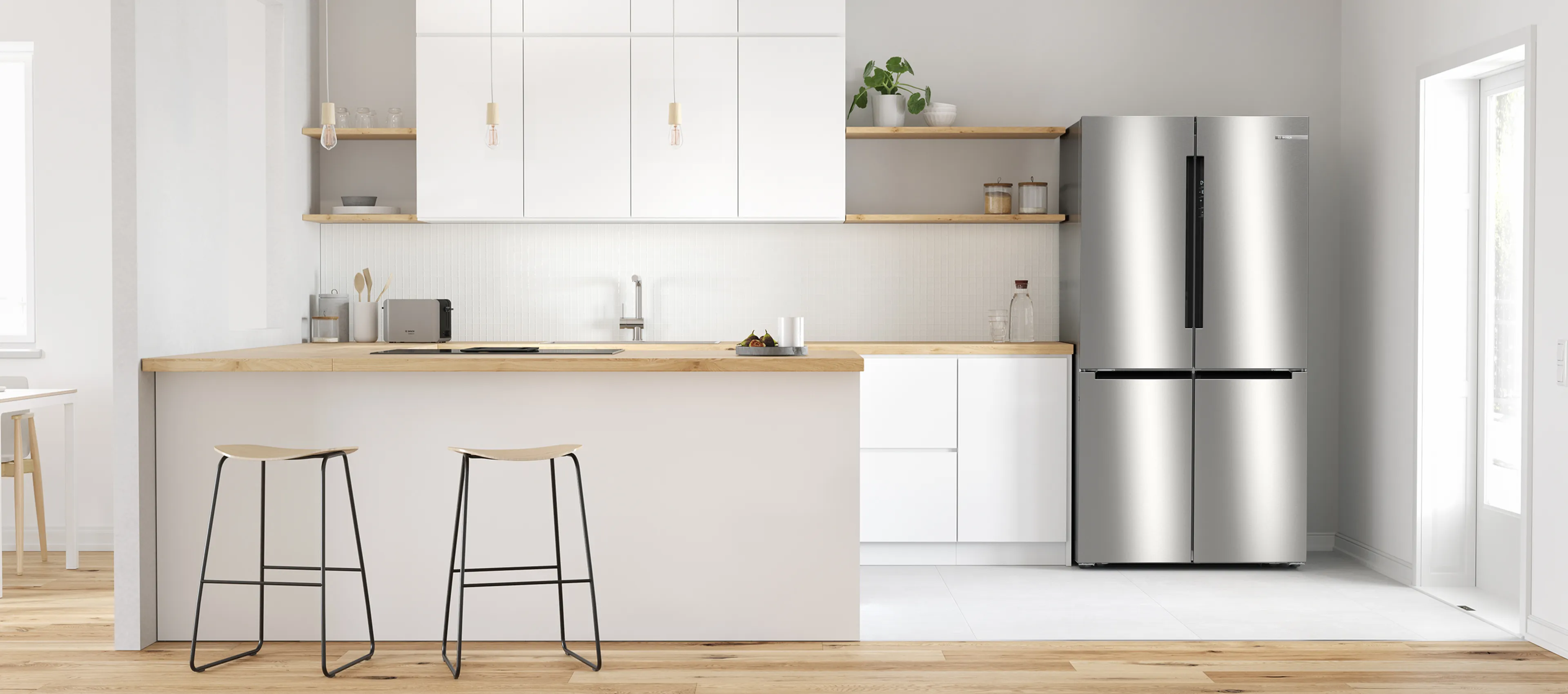multidoor stainless steel fridge freezer in a modern kitchen