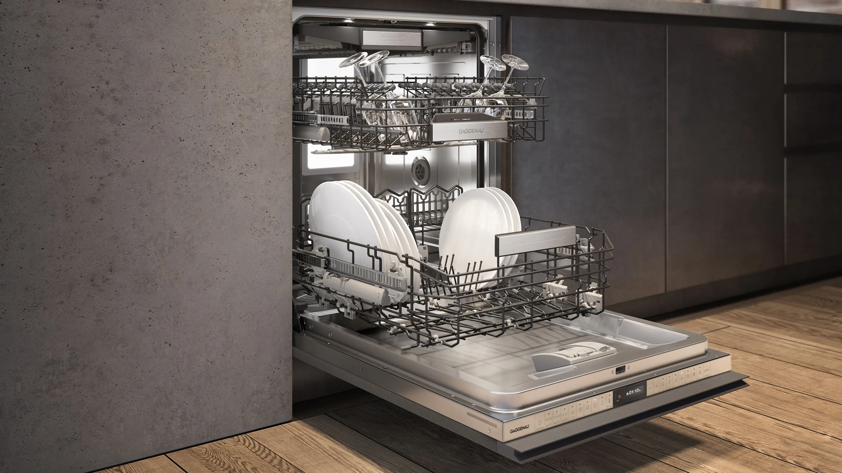 An open Gaggenau 400 series dishwasher in a modern kitchen