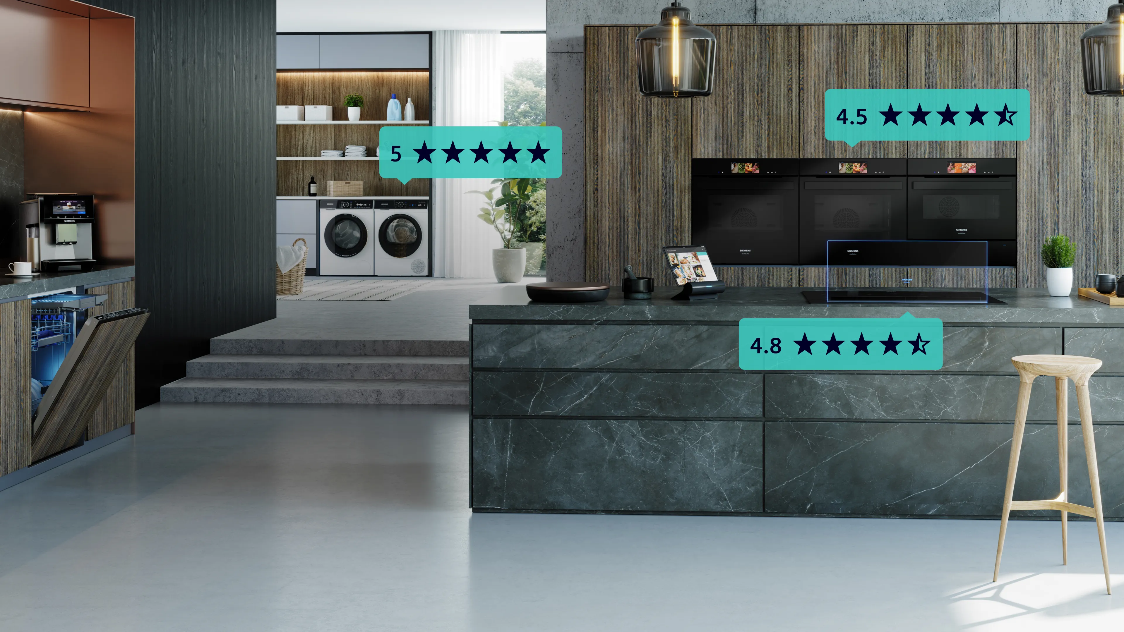 Moderná kuchyňa so spotrebičmi Bosch, umývačkou riadu a ikonami aplikácie MyBosch na skriniach.