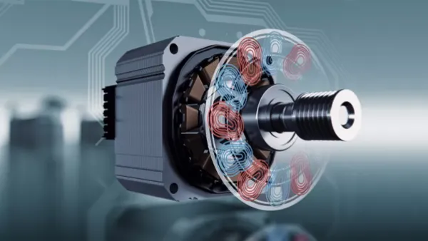 Schnittansicht eines bürstenlosen Elektromotors, die die inneren Spulen und Rotorkomponenten vor einem technischen Hintergrund zeigt.