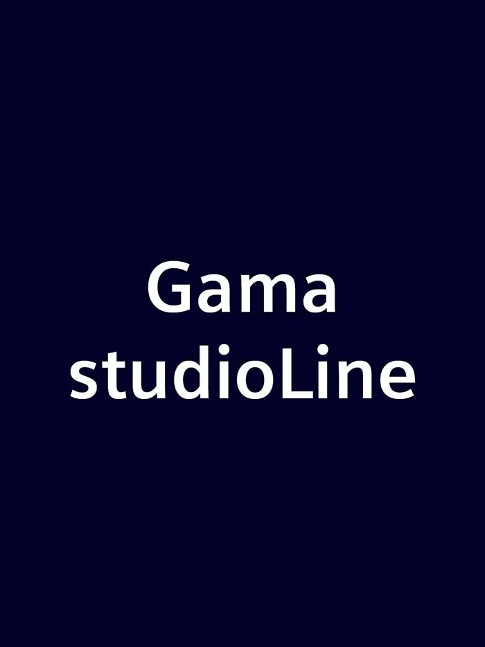 Fundo azul escuro com texto branco "Gama studioLine".