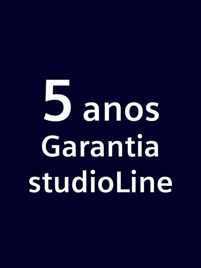 5 anos Garantia studioLine - texto em um fundo azul escuro.
