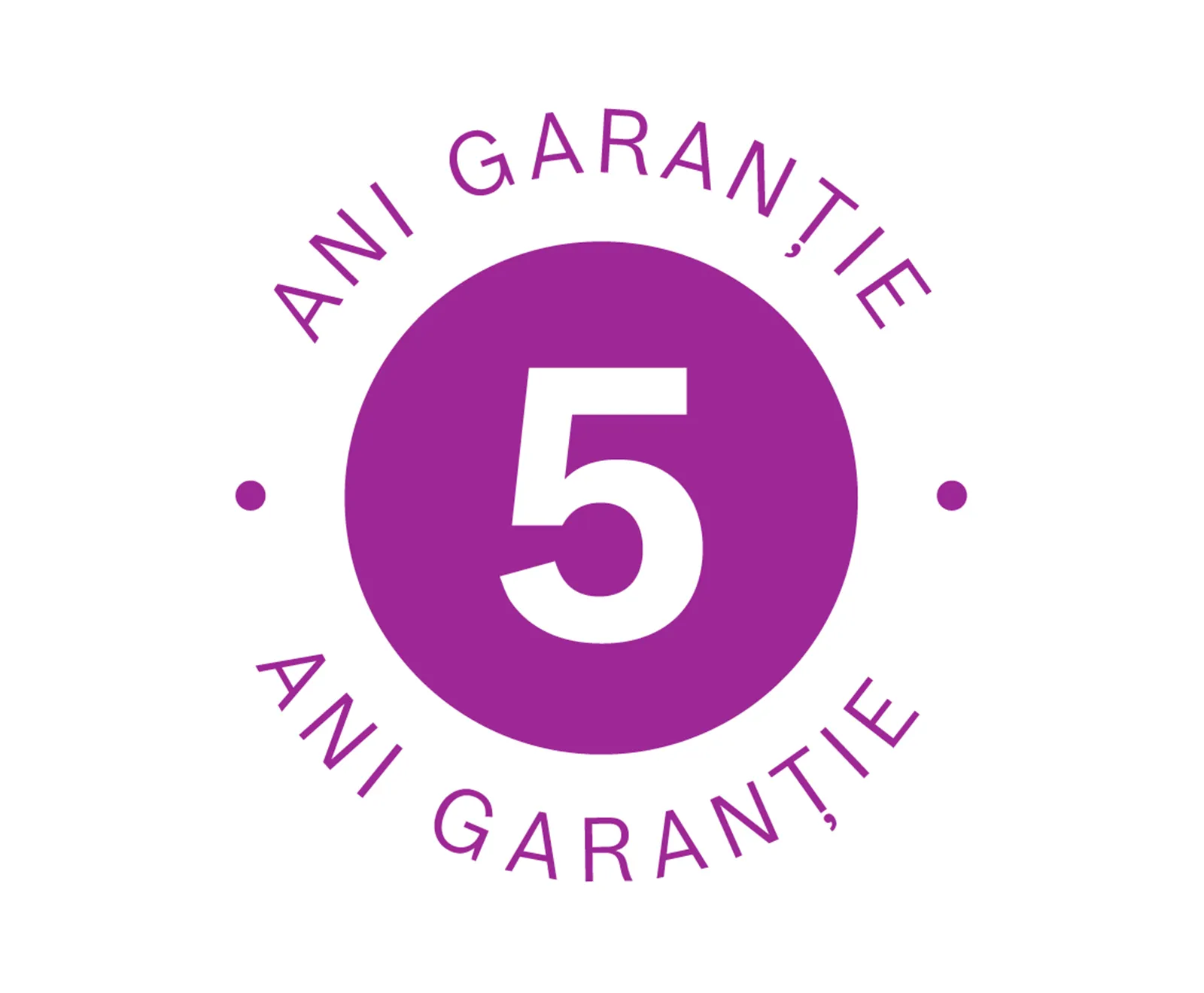 Sigla de garanţie 5 ani cu cerc violet şi text "5 ANI GARANȚiE.".