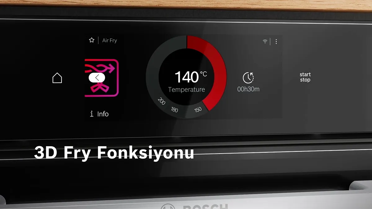 Oven, 3D fry fonksiyonu için 140C ve 30 dakikalık zamanlayıcı sıcaklığı gösterir.