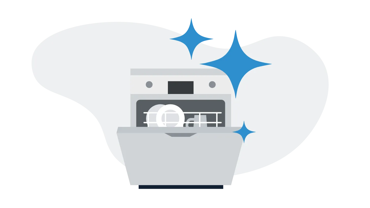 Illustration of an open dishwasher with plates on the top rack and blue sparkle icons above and beside it to indicate clean dishes.