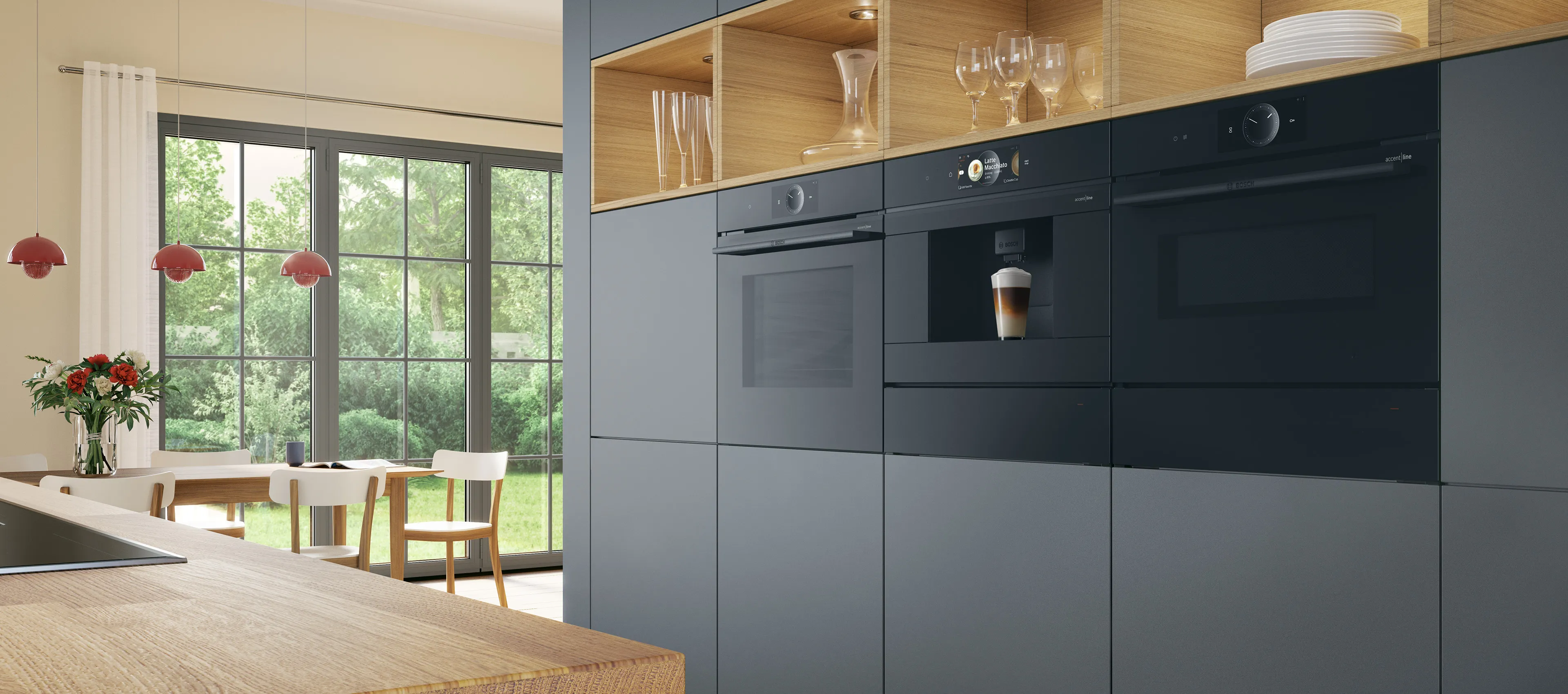 Moderne Küche mit eingebauten schwarzen Küchengeräten und offenem Regal mit Gläsern und Geschirr
