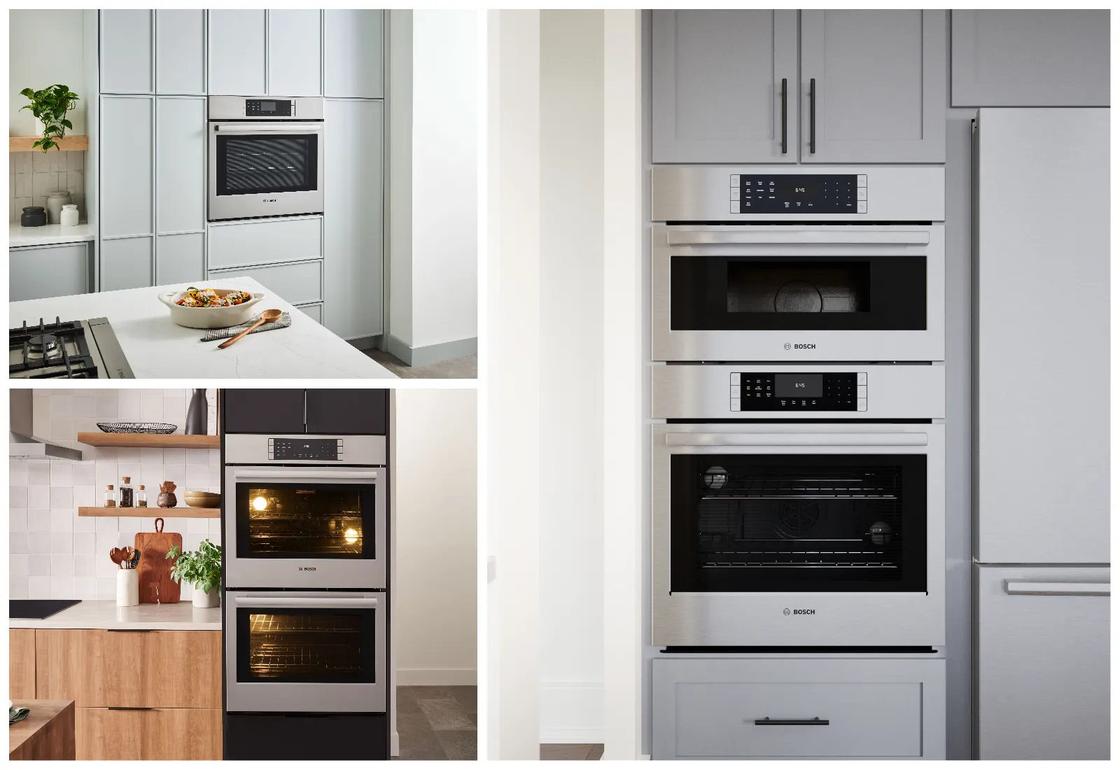 A collage of modern kitchen appliances featuring built-in Bosch ovens in stylish cabinetry, showcasing sleek designs and functionality.