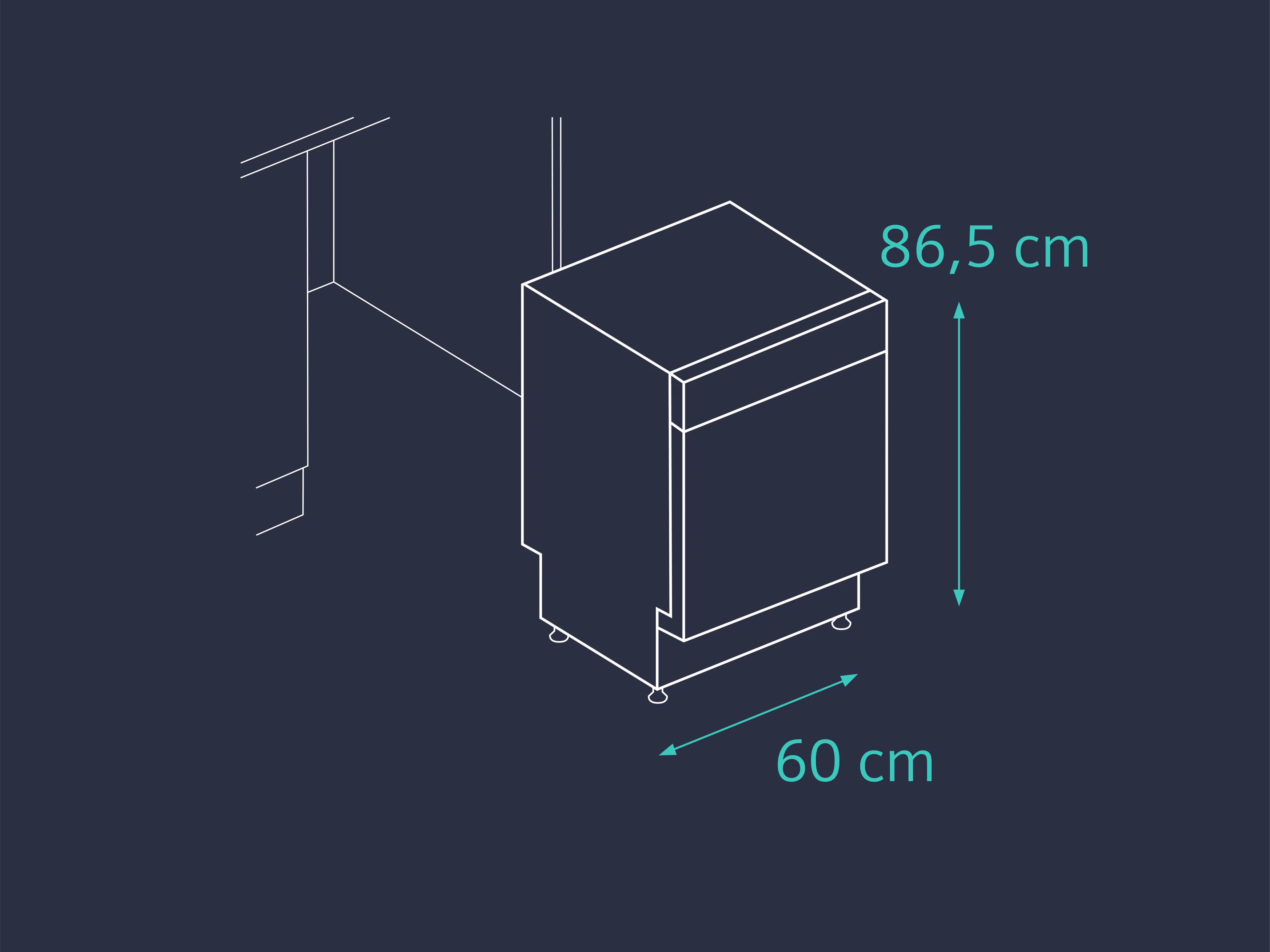 Technical drawing of a cube-shaped appliance with dimensions 86.5 cm height and 60 cm width.