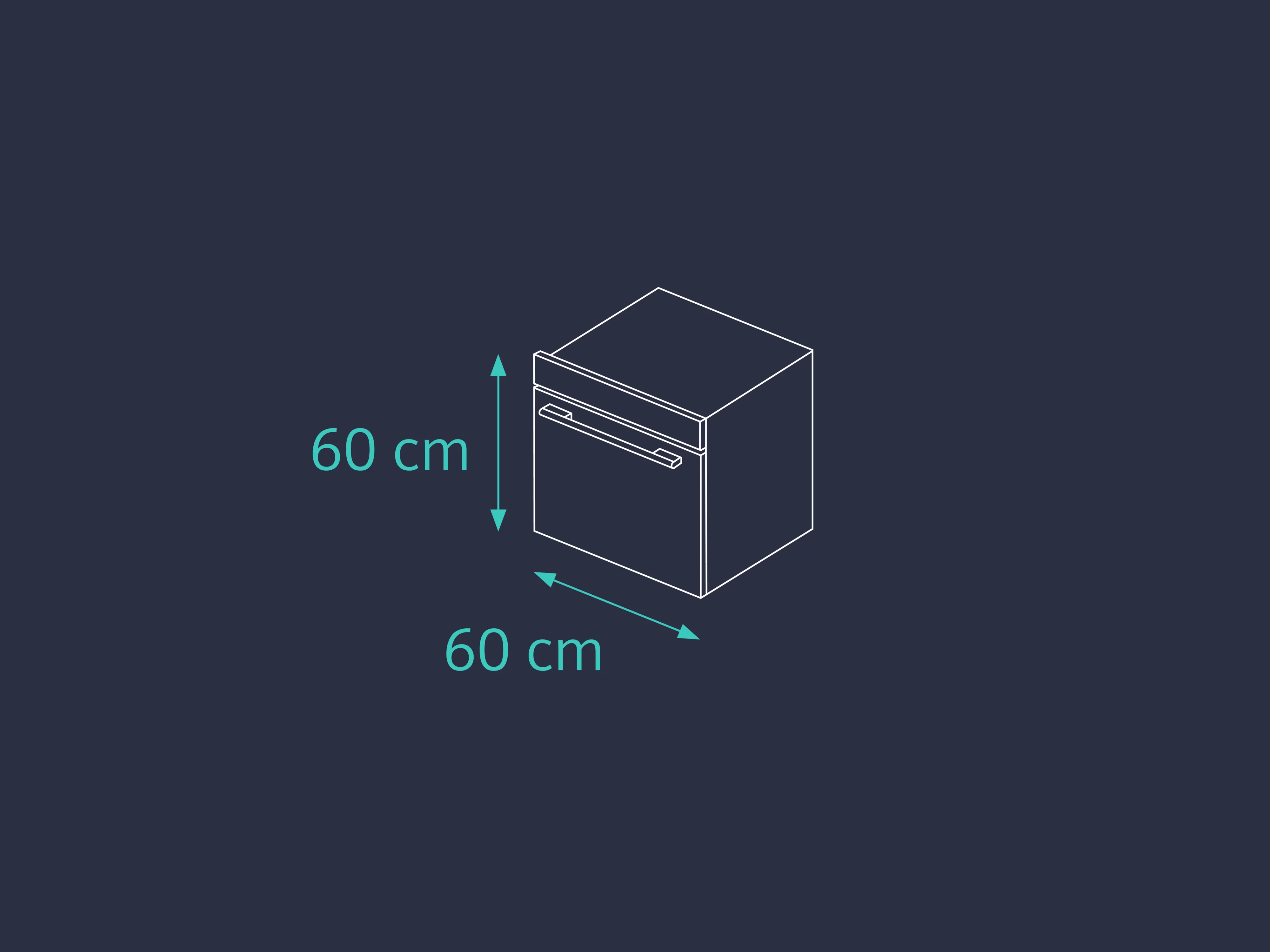 Isometric diagram of a 60 cm x 60 cm cube with dimensions indicated.