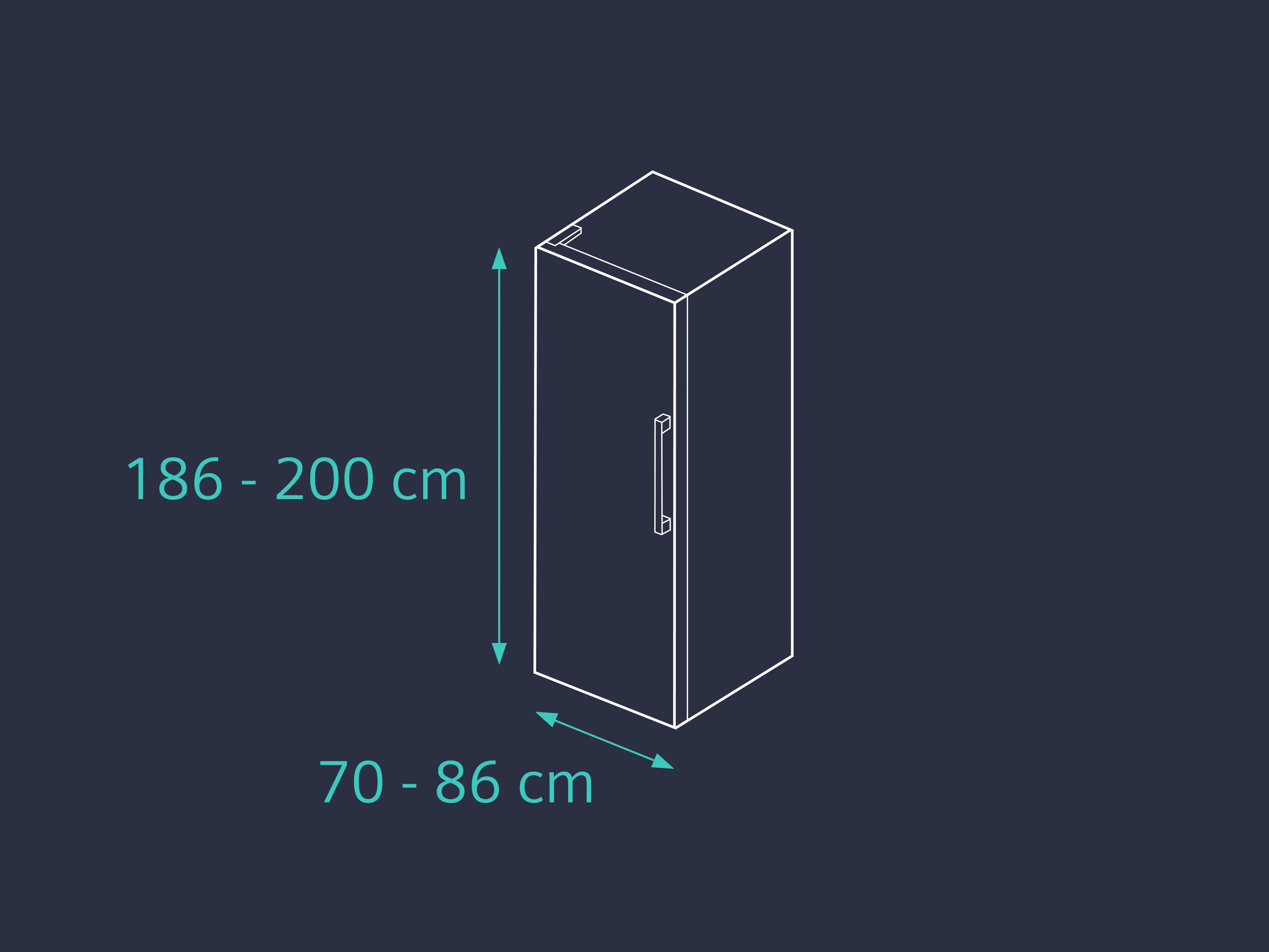 Isometric illustration of a refrigerator with dimensions 186-200 cm height and 70-86 cm width.