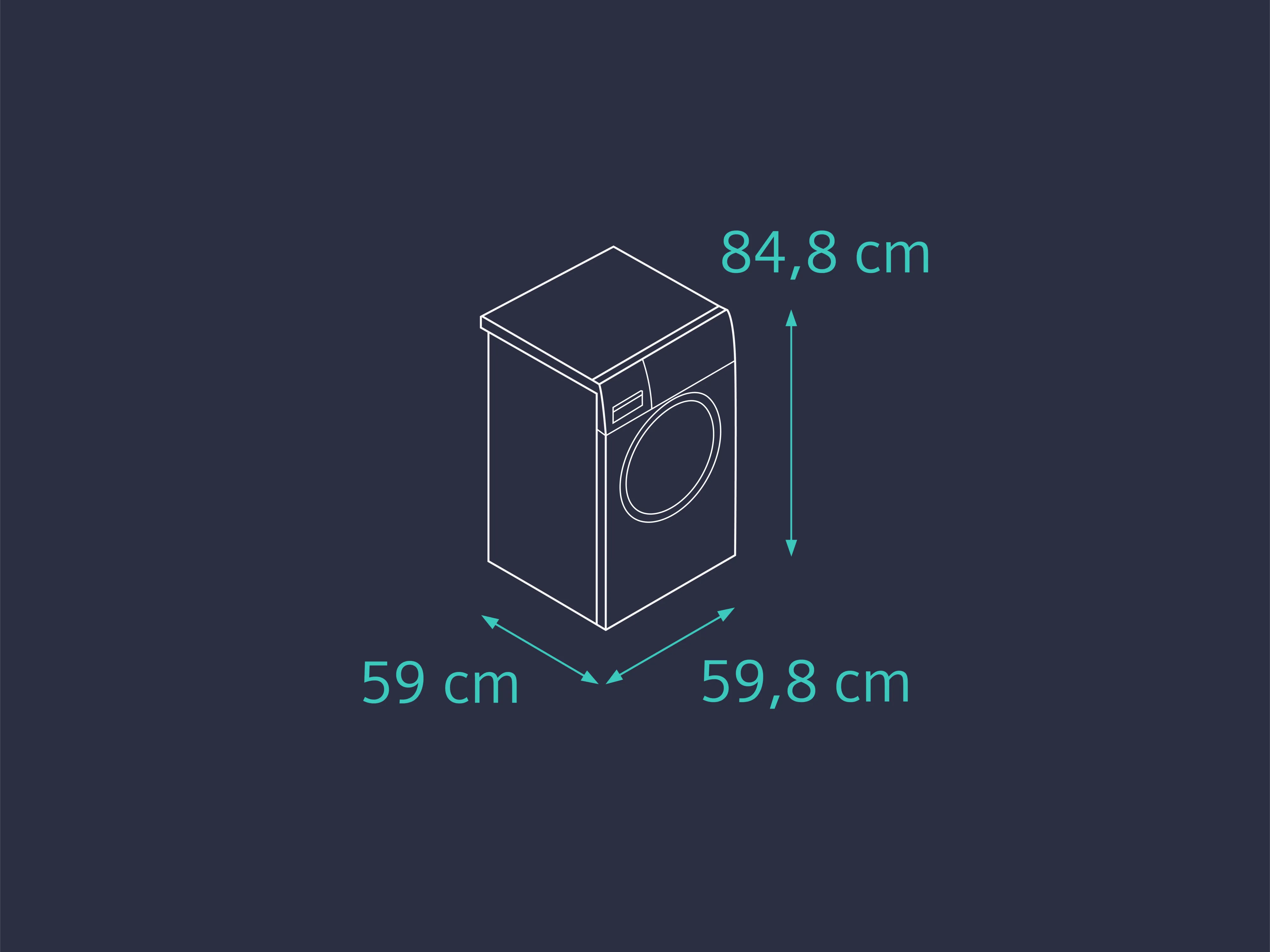 Isometric diagram of a washing machine with dimensions: 84.8 cm height, 59 cm width, and 59.8 cm depth.