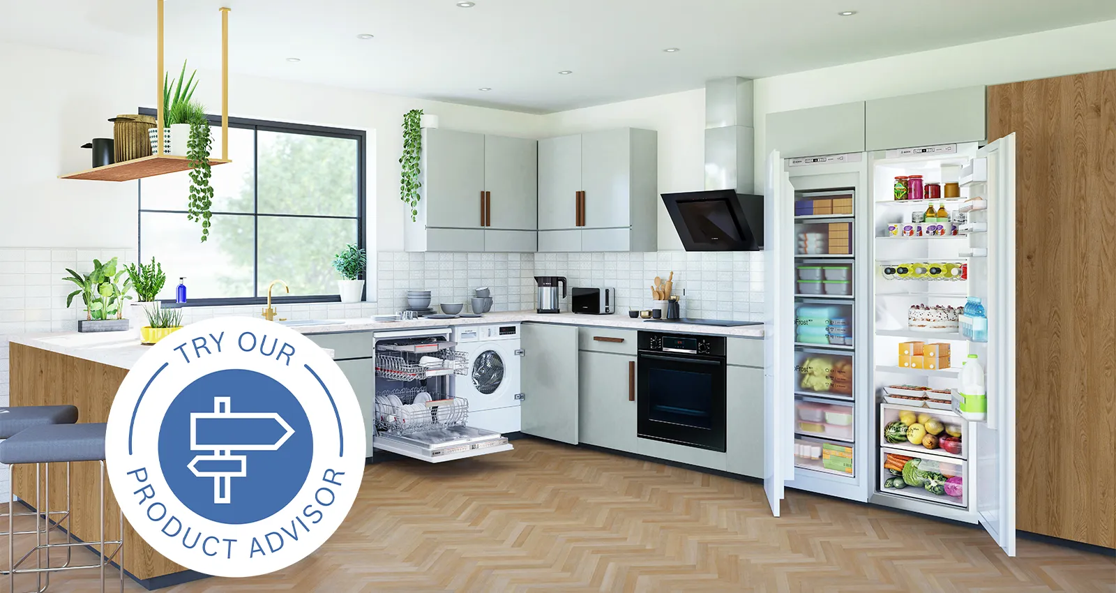 Modern kitchen with white cabinets, appliances, and plants; product advisor icon in corner.