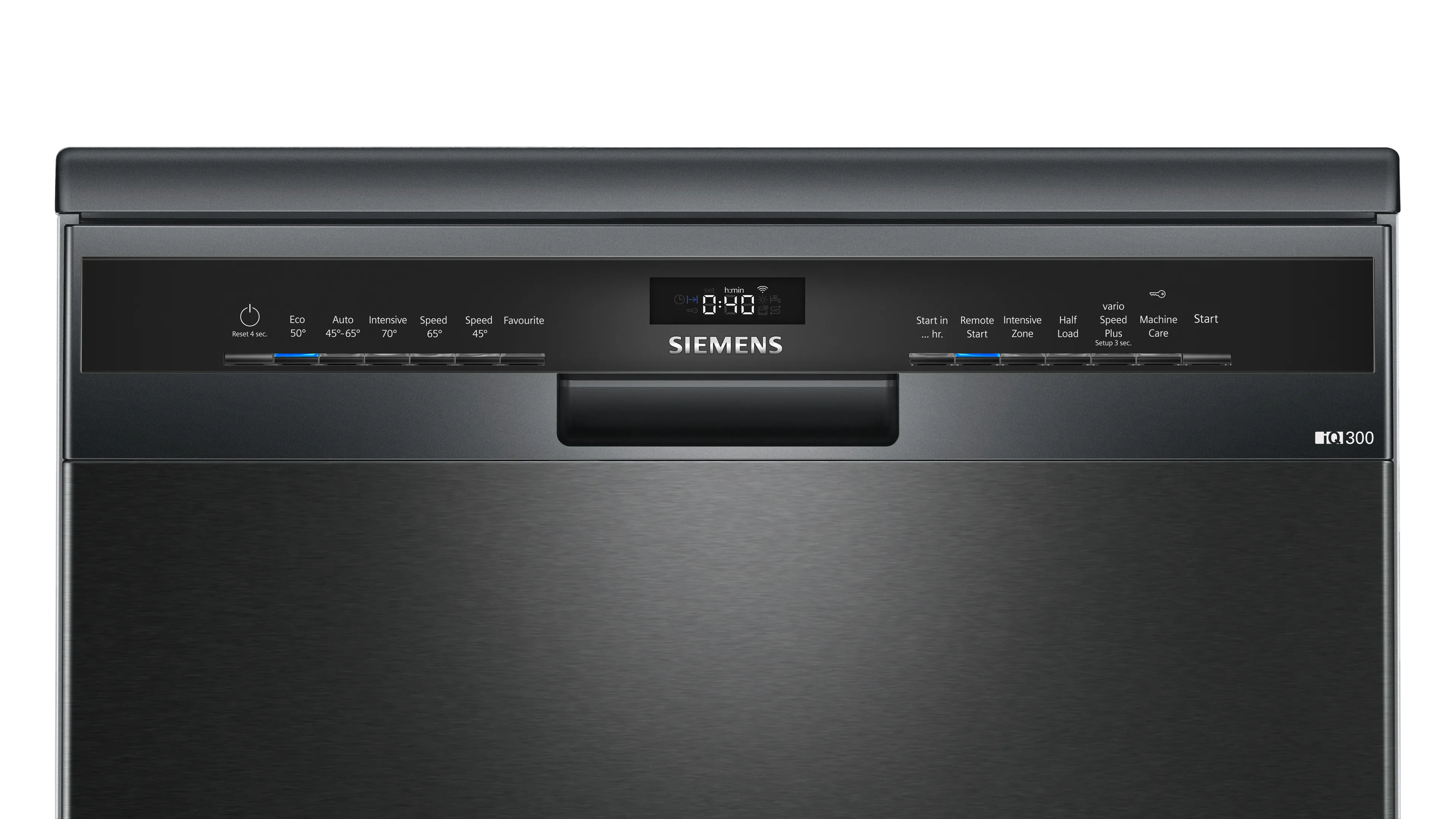 Dishwasher appliance with digital controls and black exterior.
