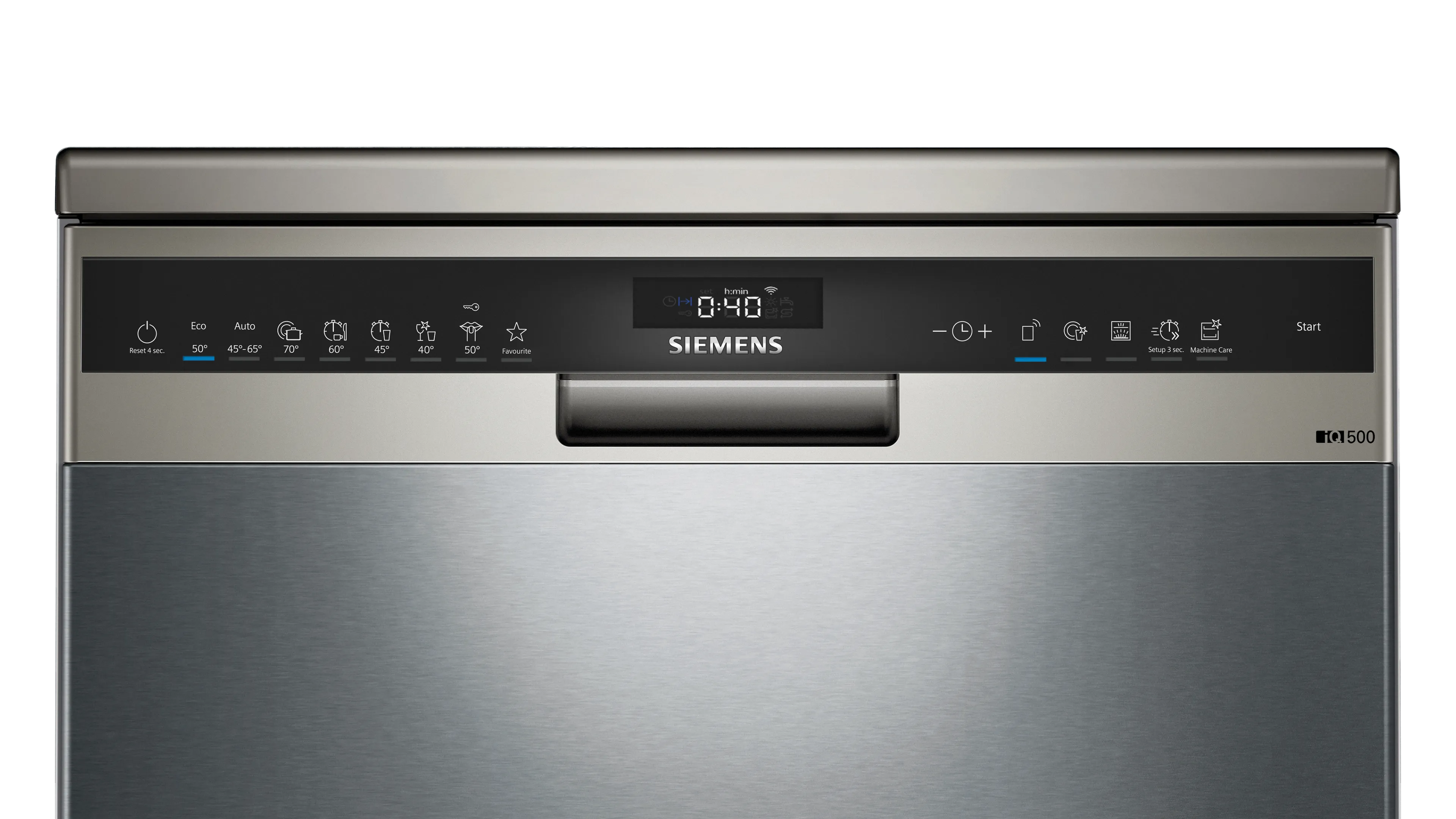 Stainless steel dishwasher with digital control panel and various wash cycle options.