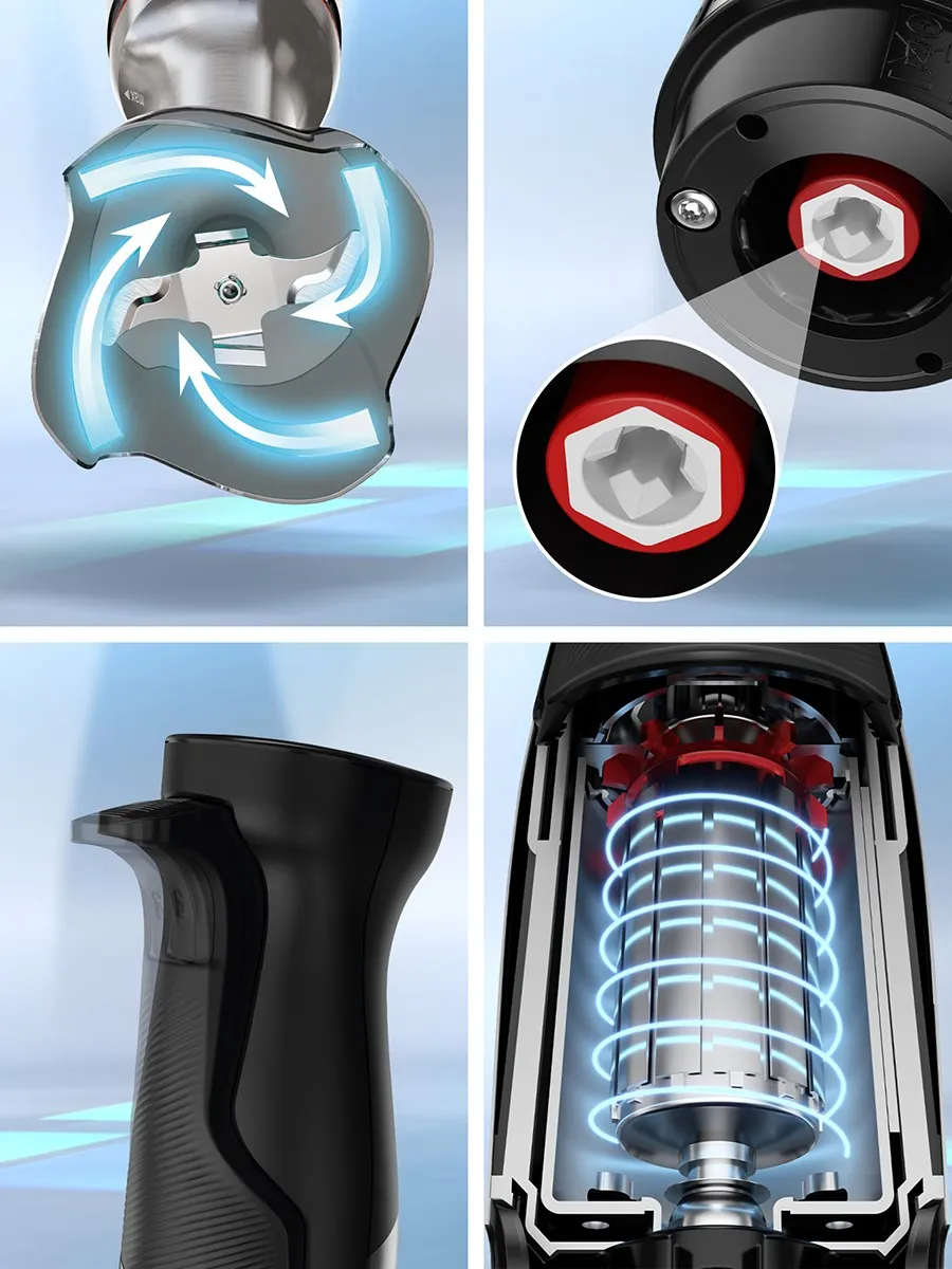 A collage of four images shows, the ceramic connect clutch, ergonomic handle and air-cooled motor.