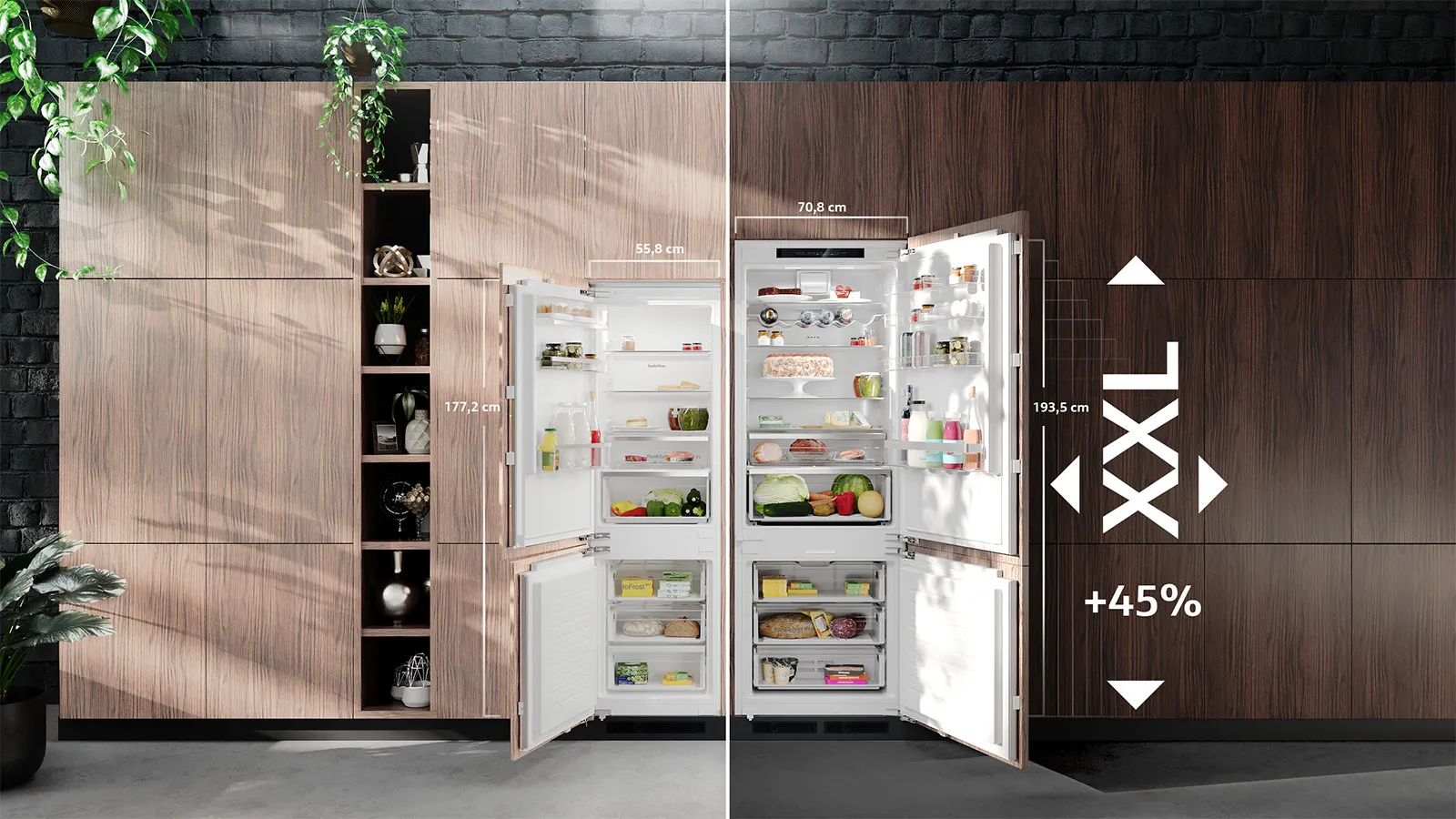 Sleek, modern refrigerator with open doors, displaying various food items, surrounded by wooden shelving and greenery.