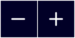 Minimalist black and white image depicting a minus sign and a plus sign on a dark background.