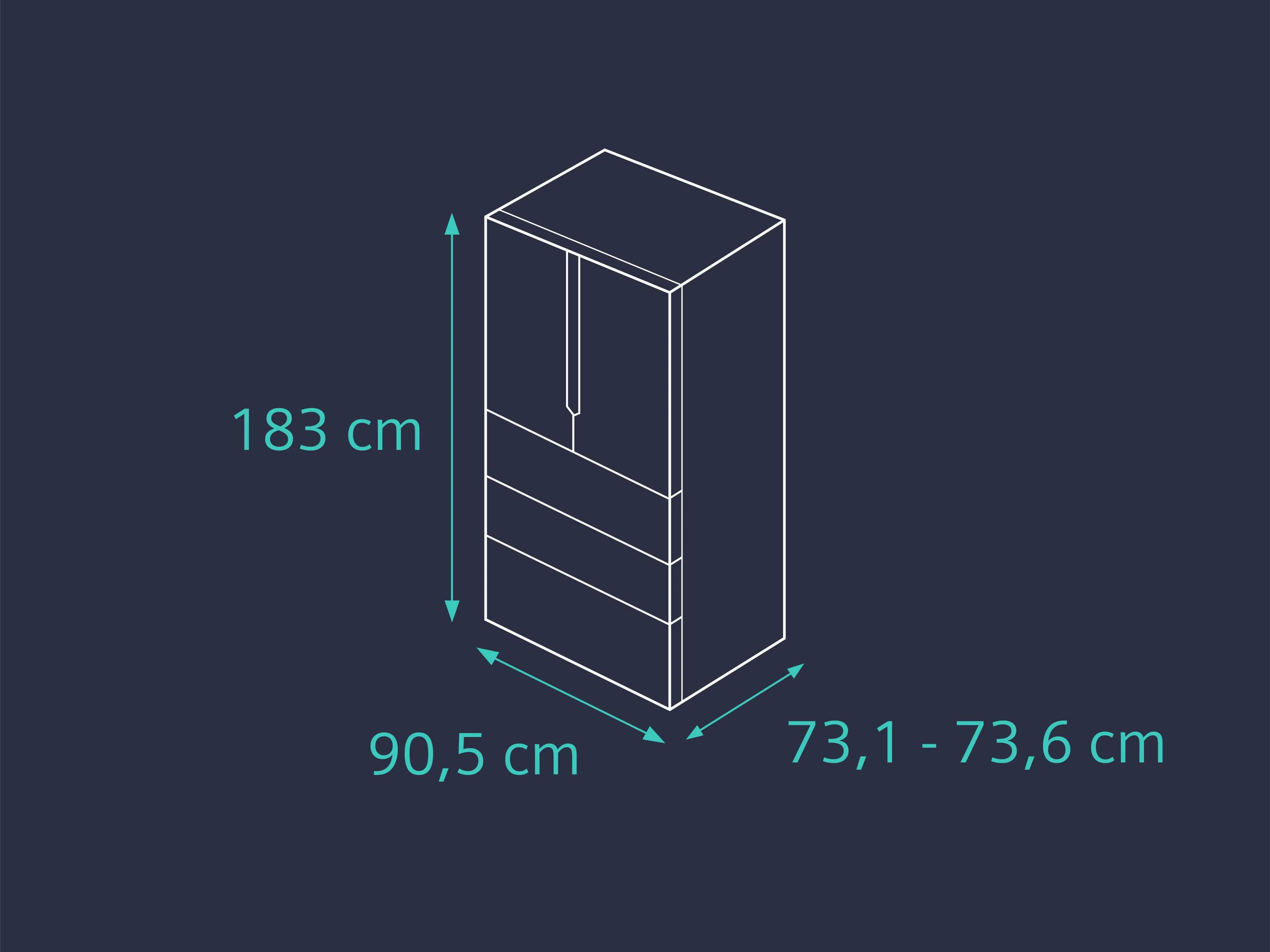 Isometric diagram of a refrigerator with dimensions: 183 cm height, 90.5 cm width, 73.1-73.6 cm depth.