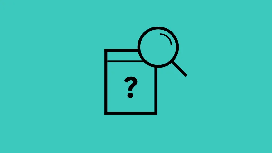 Lente di ingrandimento che esaminano l'icona del punto interrogativo su sfondo teal, simboleggiano la ricerca, l'indagine, o problem-solving.