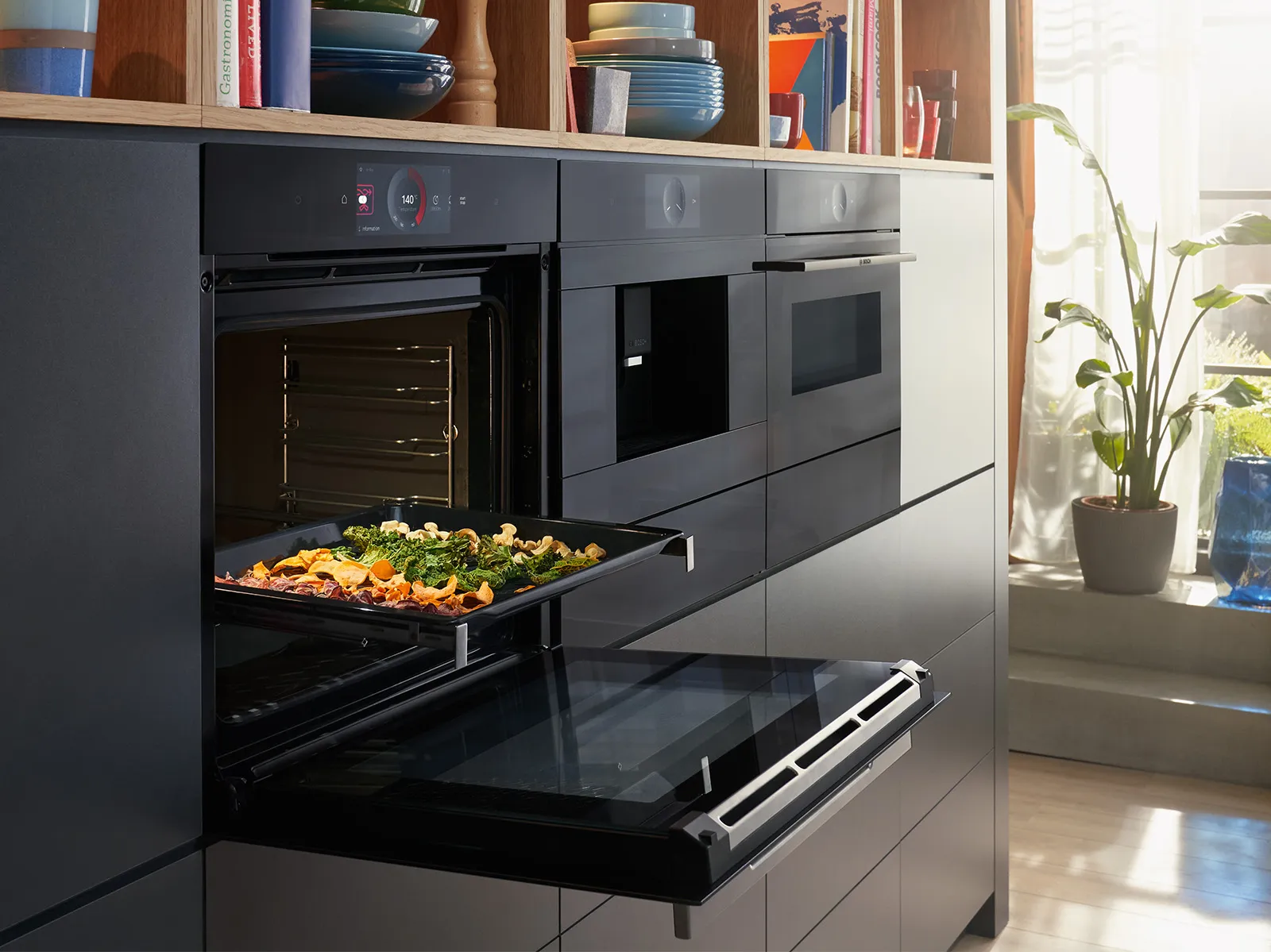 Bosch oven with open door in kitchen