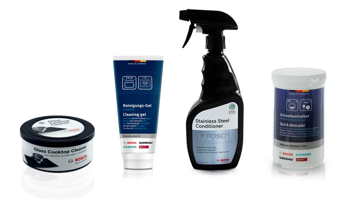 Bosch cleaning products include glass cooktop cleaner, cleaning gel, steel conditioner, and descaler.