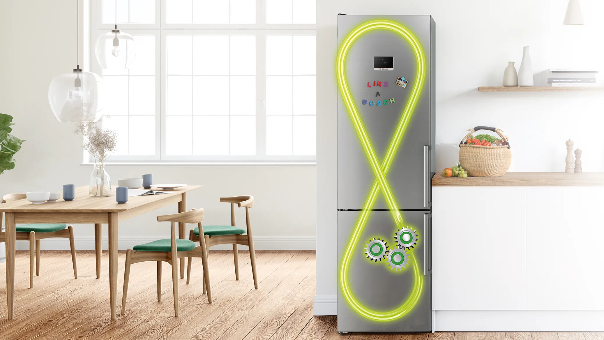 Stylowa kuchnia Bosch ze srebrną lodówką i grafiką zielonej energii, podkreślającą technologię inwerterową. 