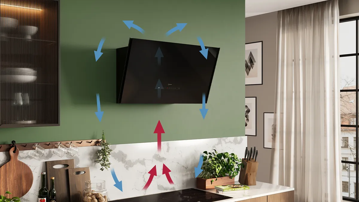 Kitchen with cooker hood mounted on green wall, surrounded by arrows indicating airflow, plants, and kitchen utensils.