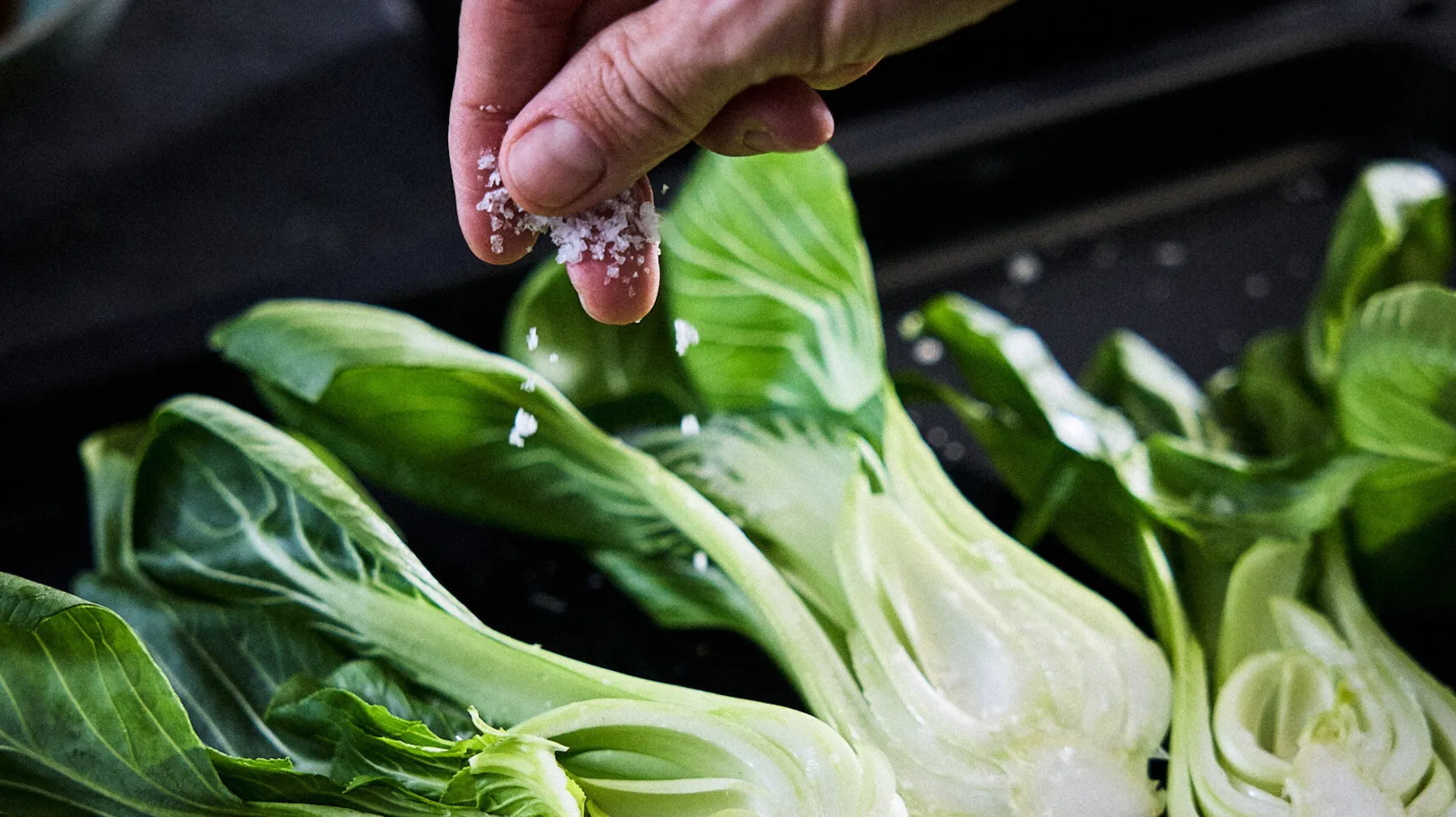 Person sprinkling salt over bok choi